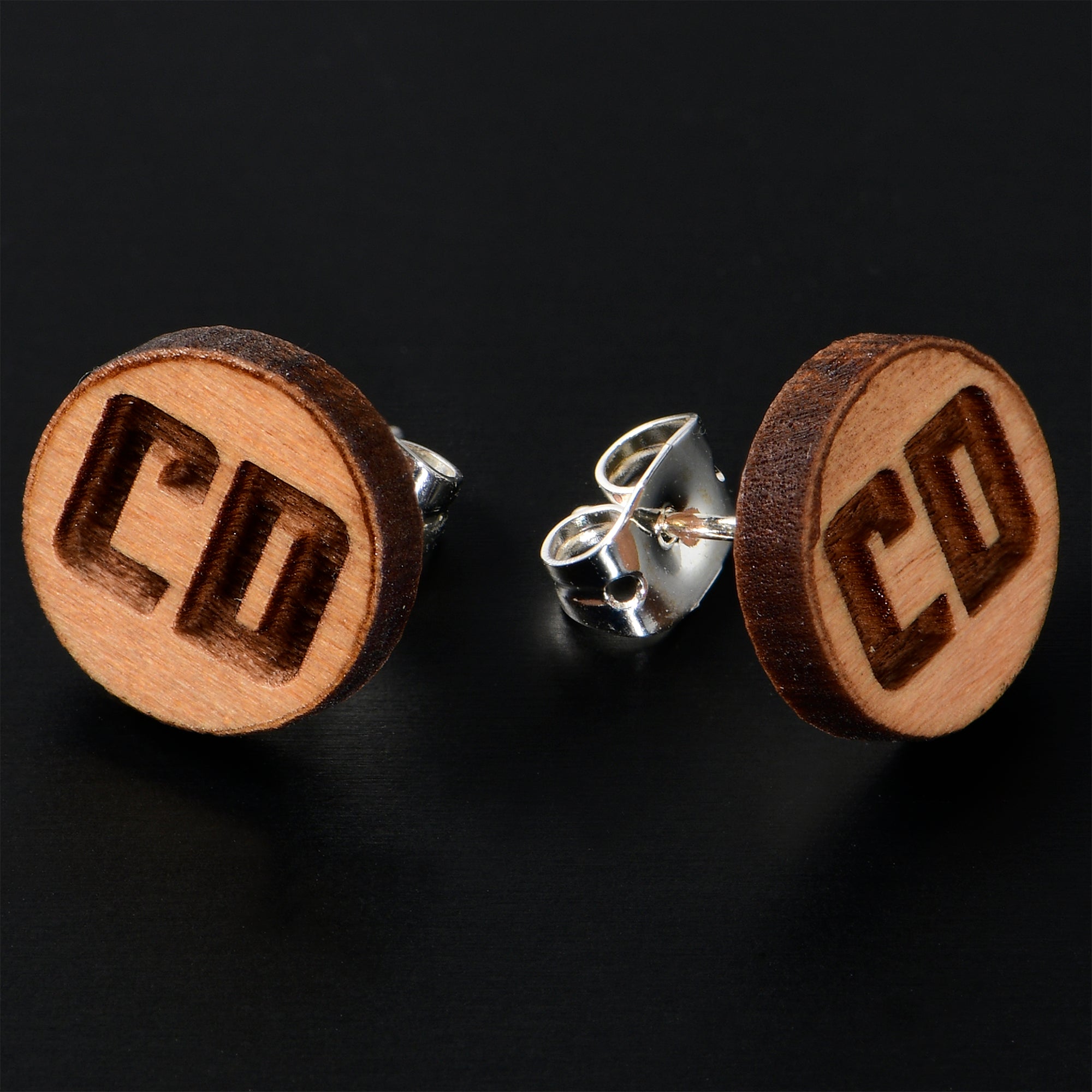 BodyCandy Custom No 2 Earrings Wood Initial Personalized Stud Earrings — detail close-up