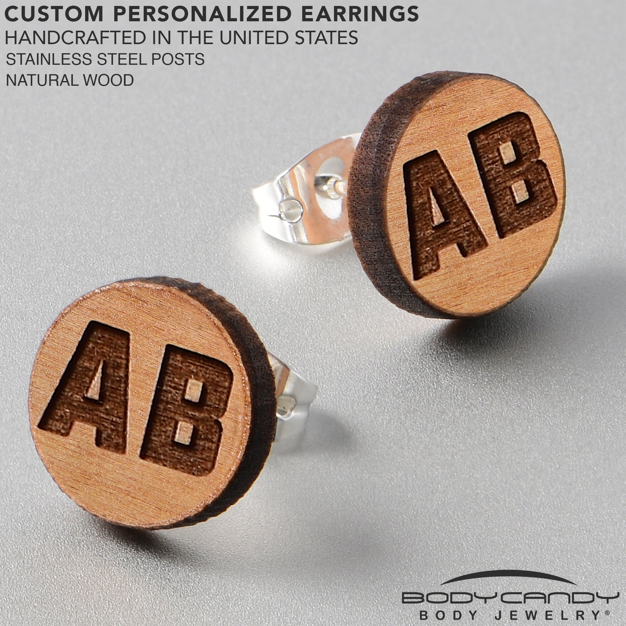BodyCandy Custom No 2 Earrings Wood Initial Personalized Stud Earrings — lifestyle context