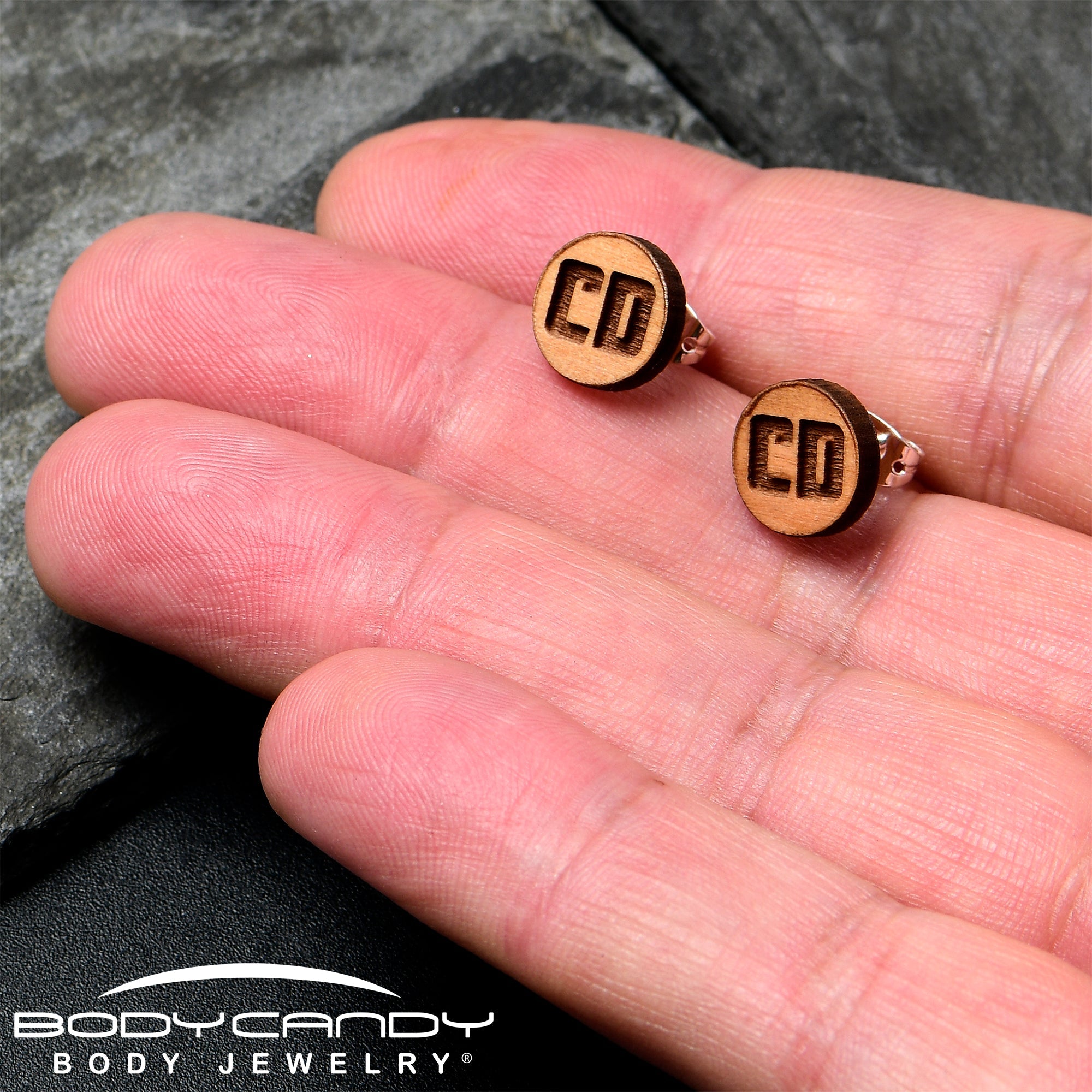 BodyCandy Custom No 2 Earrings Wood Initial Personalized Stud Earrings — side view