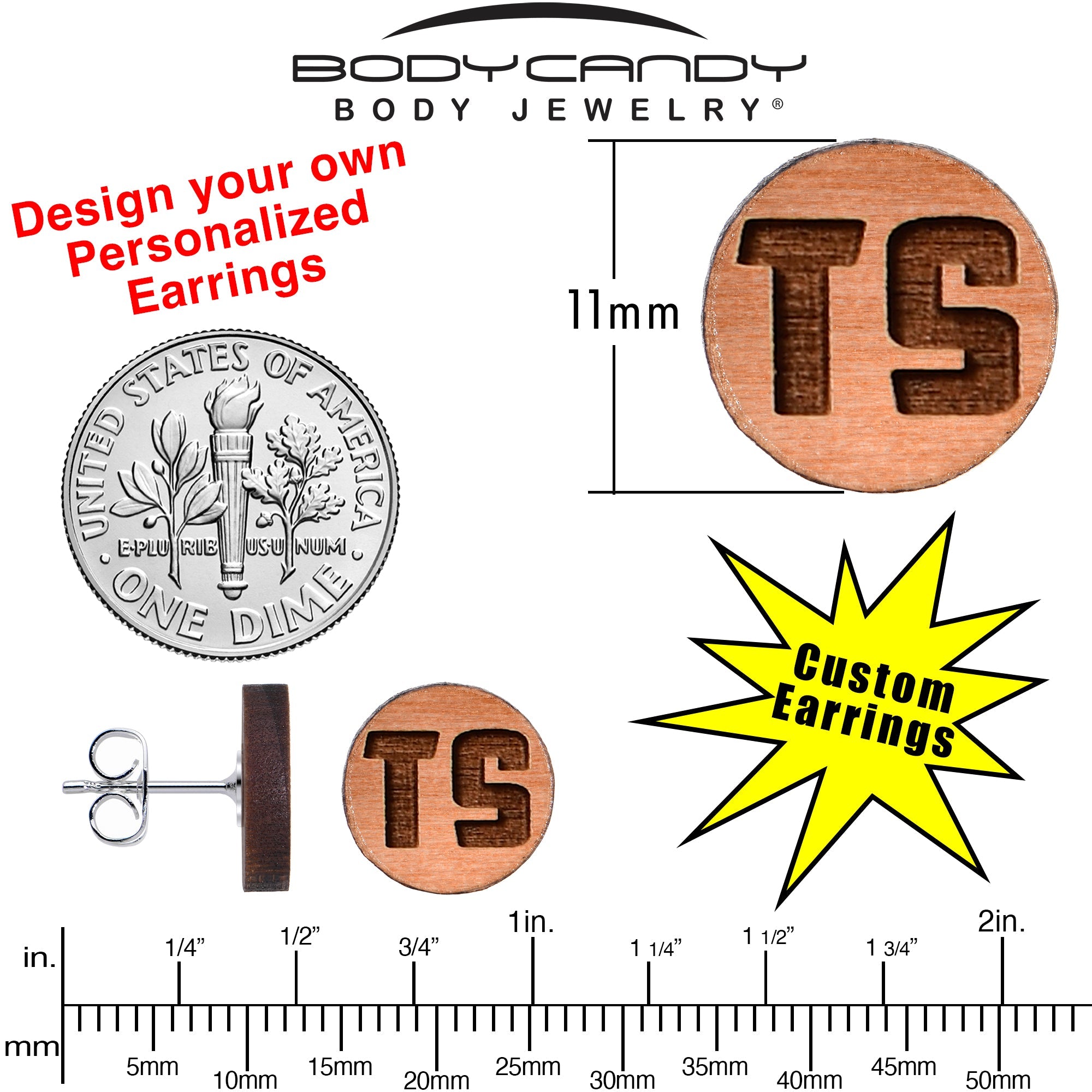 BodyCandy Custom No 2 Earrings Wood Initial Personalized Stud Earrings — back view