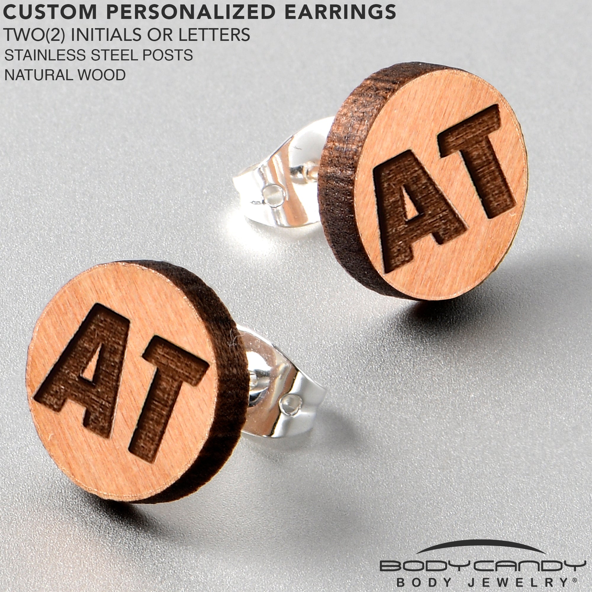 BodyCandy Custom No 2 Earrings Wood Initial Personalized Stud Earrings — size reference