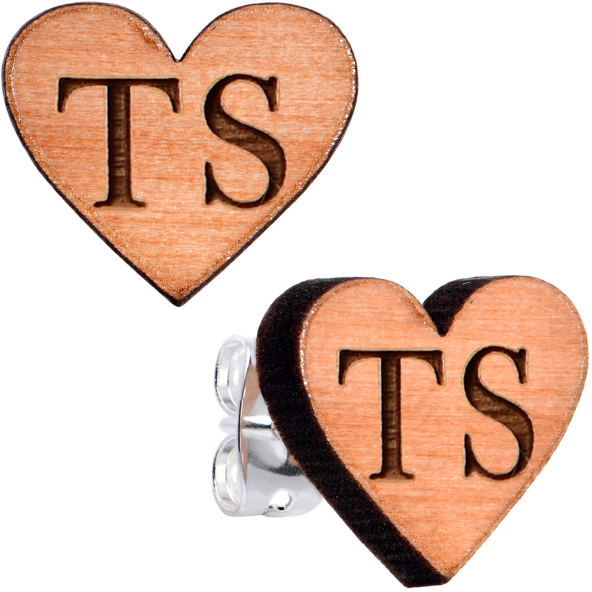 BodyCandy Custom No 1 Earrings Wood Initial Heart Personalized Stud Earrings — main product shot