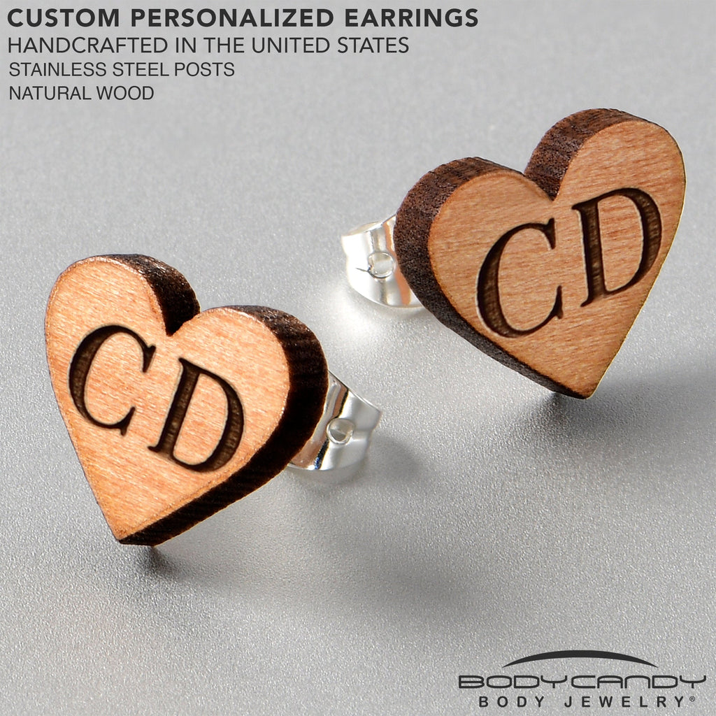 BodyCandy Custom No 1 Earrings Wood Initial Heart Personalized Stud Earrings — lifestyle context