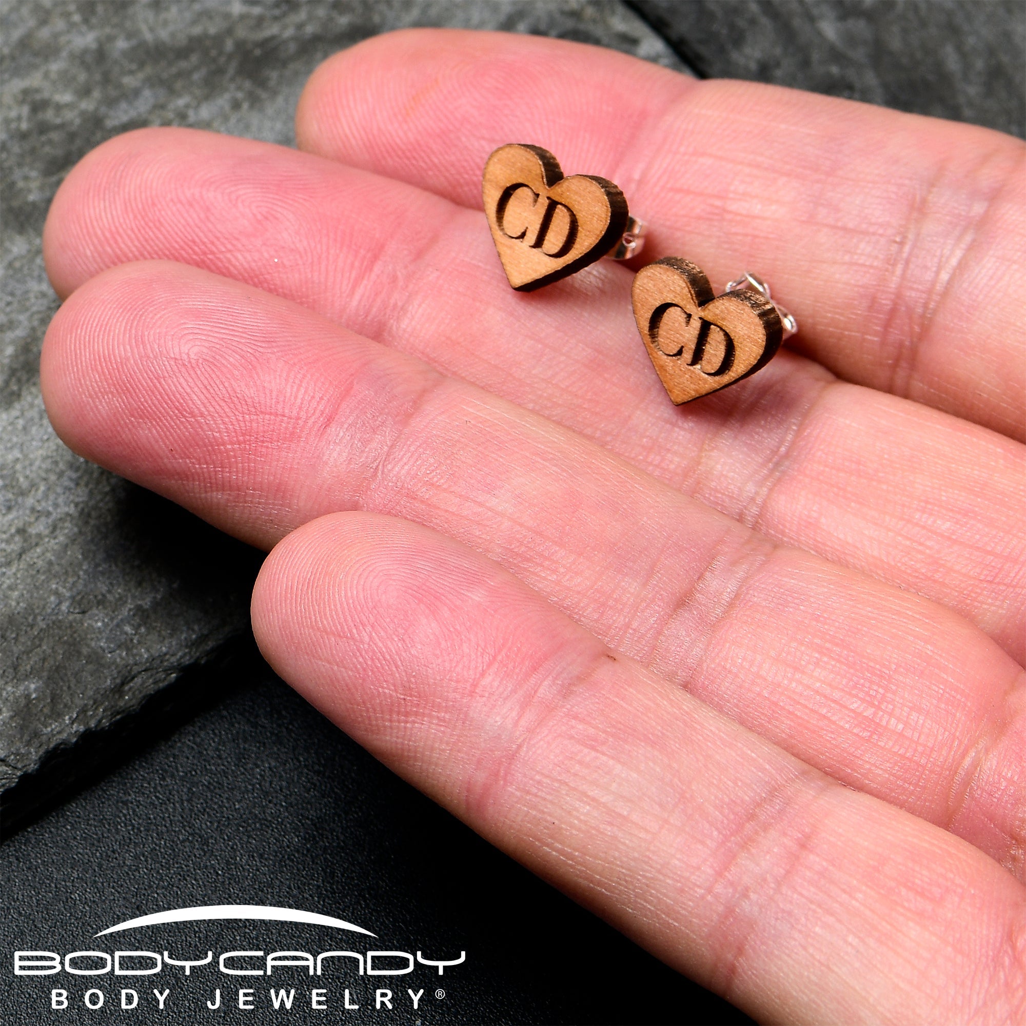BodyCandy Custom No 1 Earrings Wood Initial Heart Personalized Stud Earrings — side view