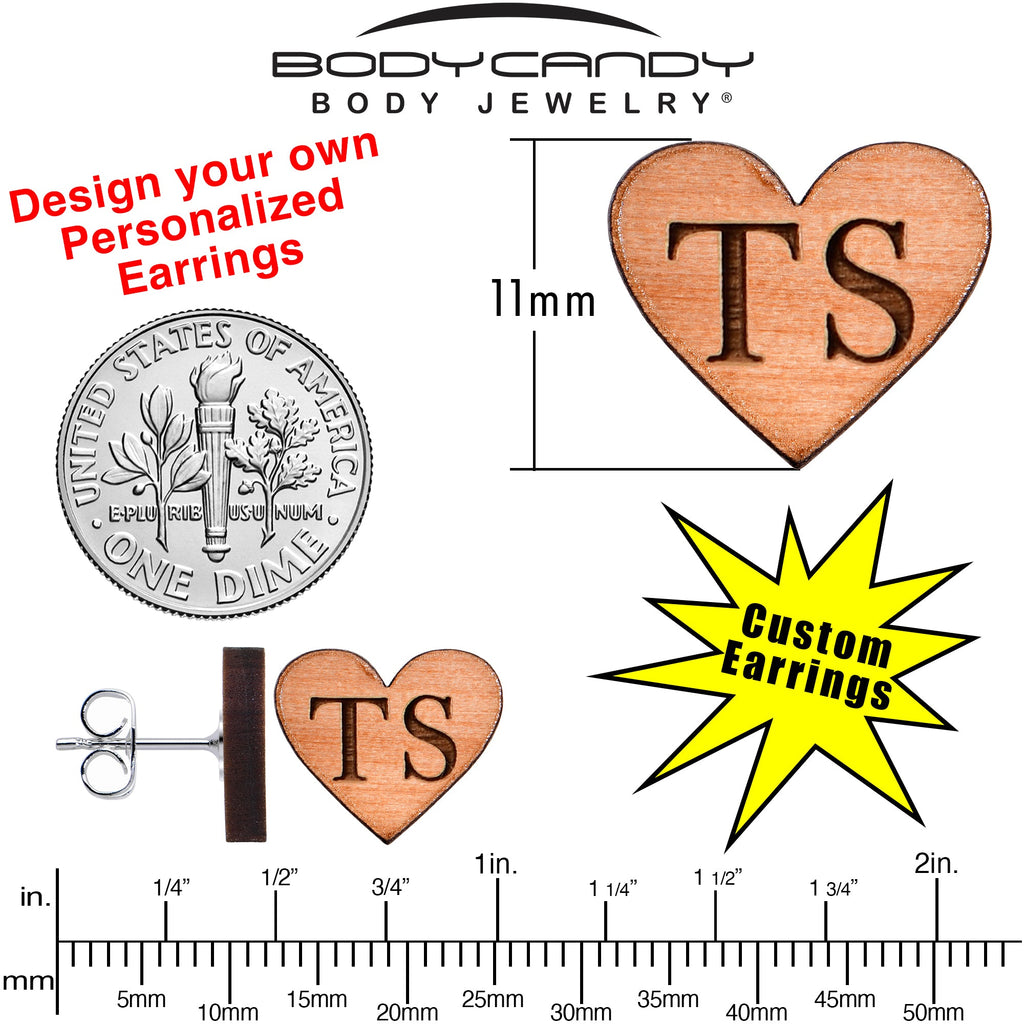 BodyCandy Custom No 1 Earrings Wood Initial Heart Personalized Stud Earrings — back view