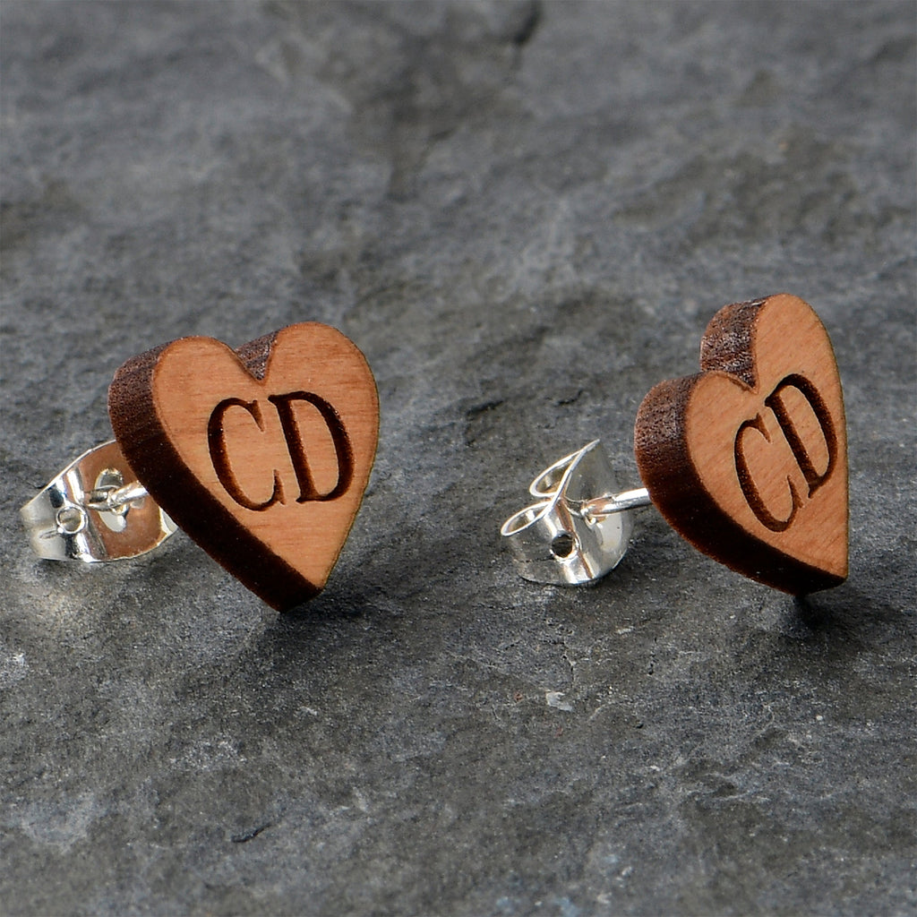 BodyCandy Custom No 1 Earrings Wood Initial Heart Personalized Stud Earrings — alternative angle
