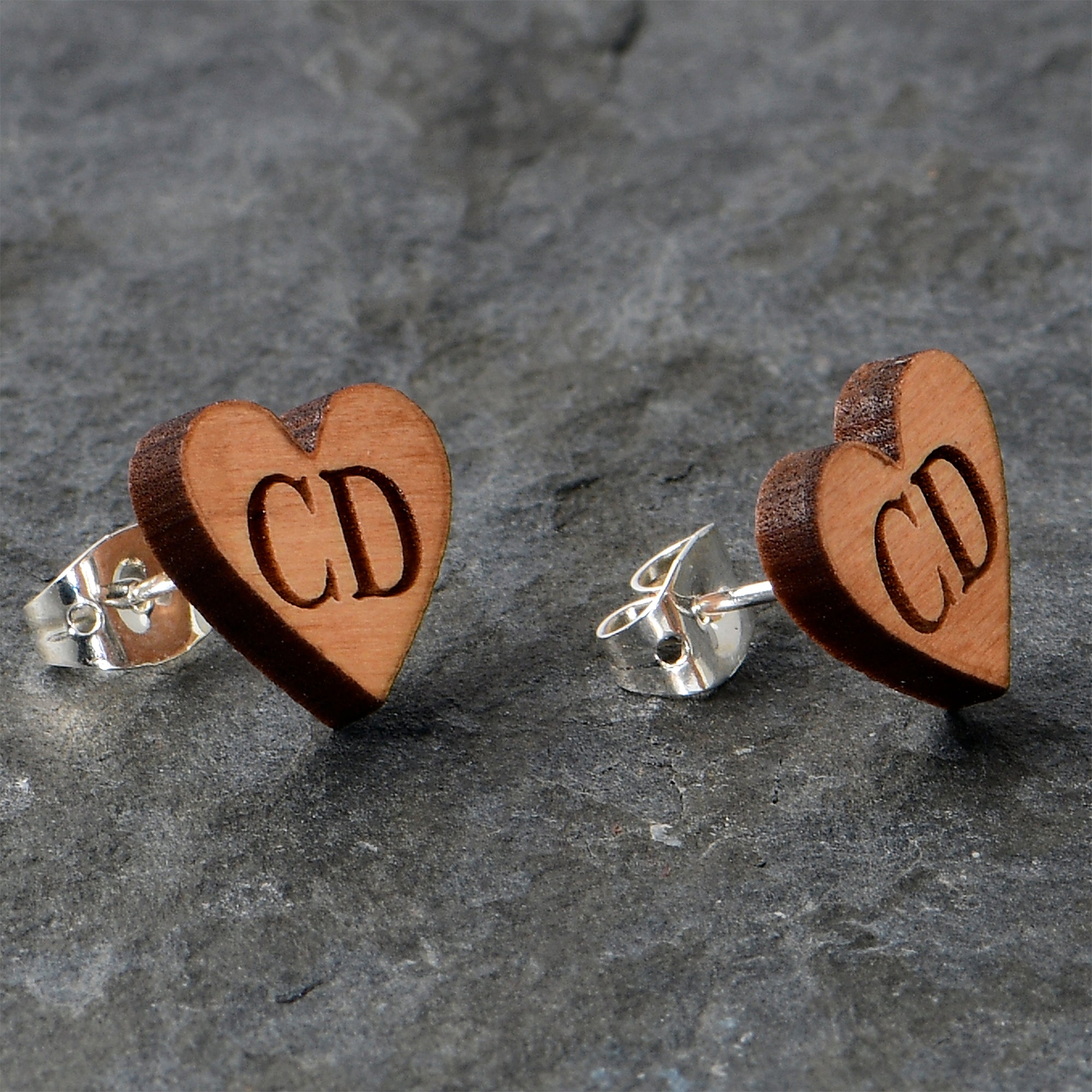 BodyCandy Custom No 1 Earrings Wood Initial Heart Personalized Stud Earrings — alternative angle