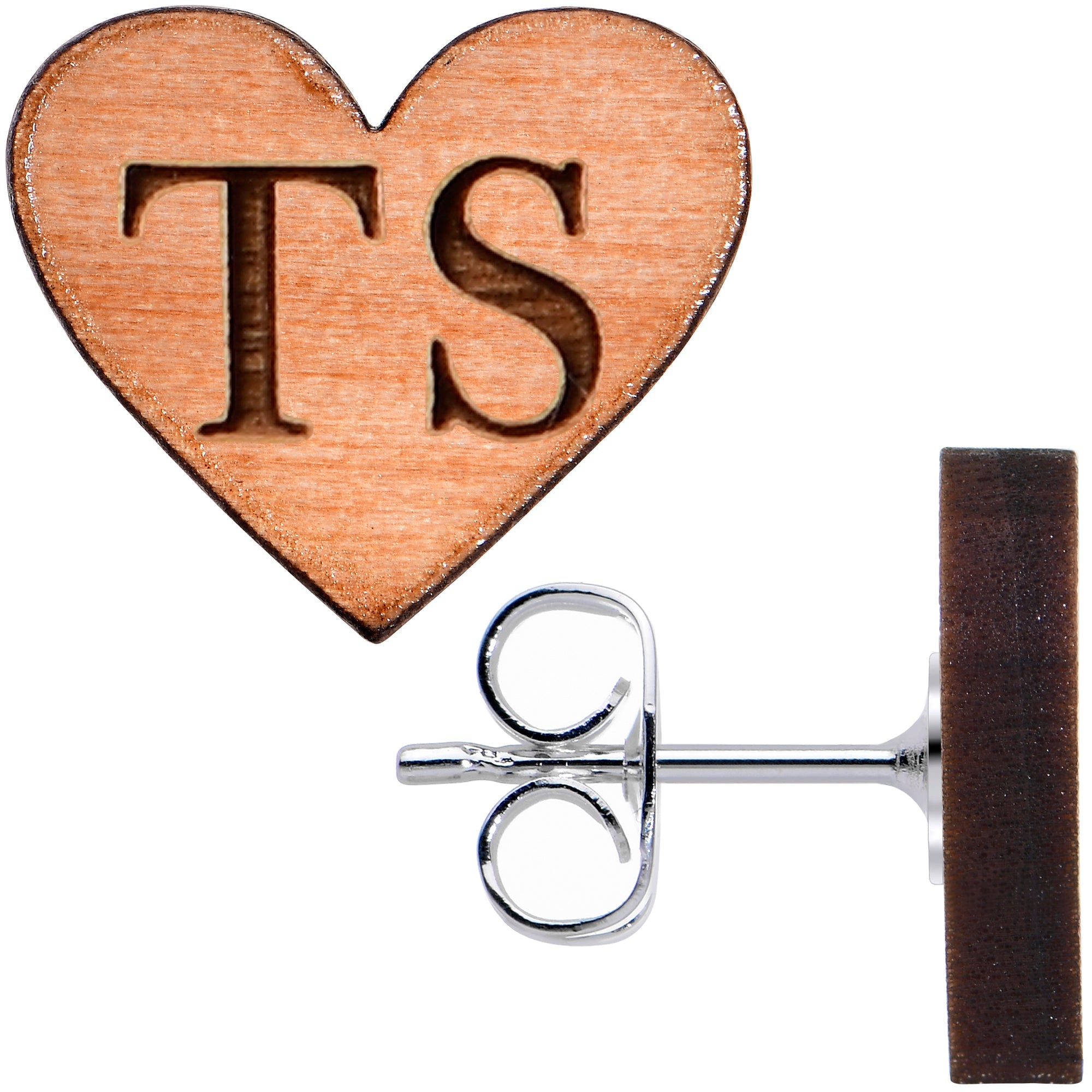 BodyCandy Custom No 1 Earrings Wood Initial Heart Personalized Stud Earrings — size reference