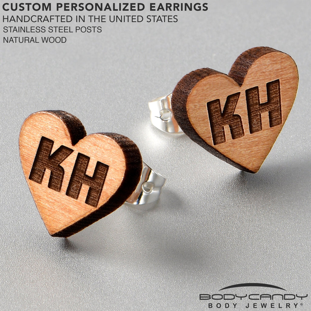 BodyCandy Custom No 2 Earrings Wood Initial Heart Personalized Stud Earrings — lifestyle context