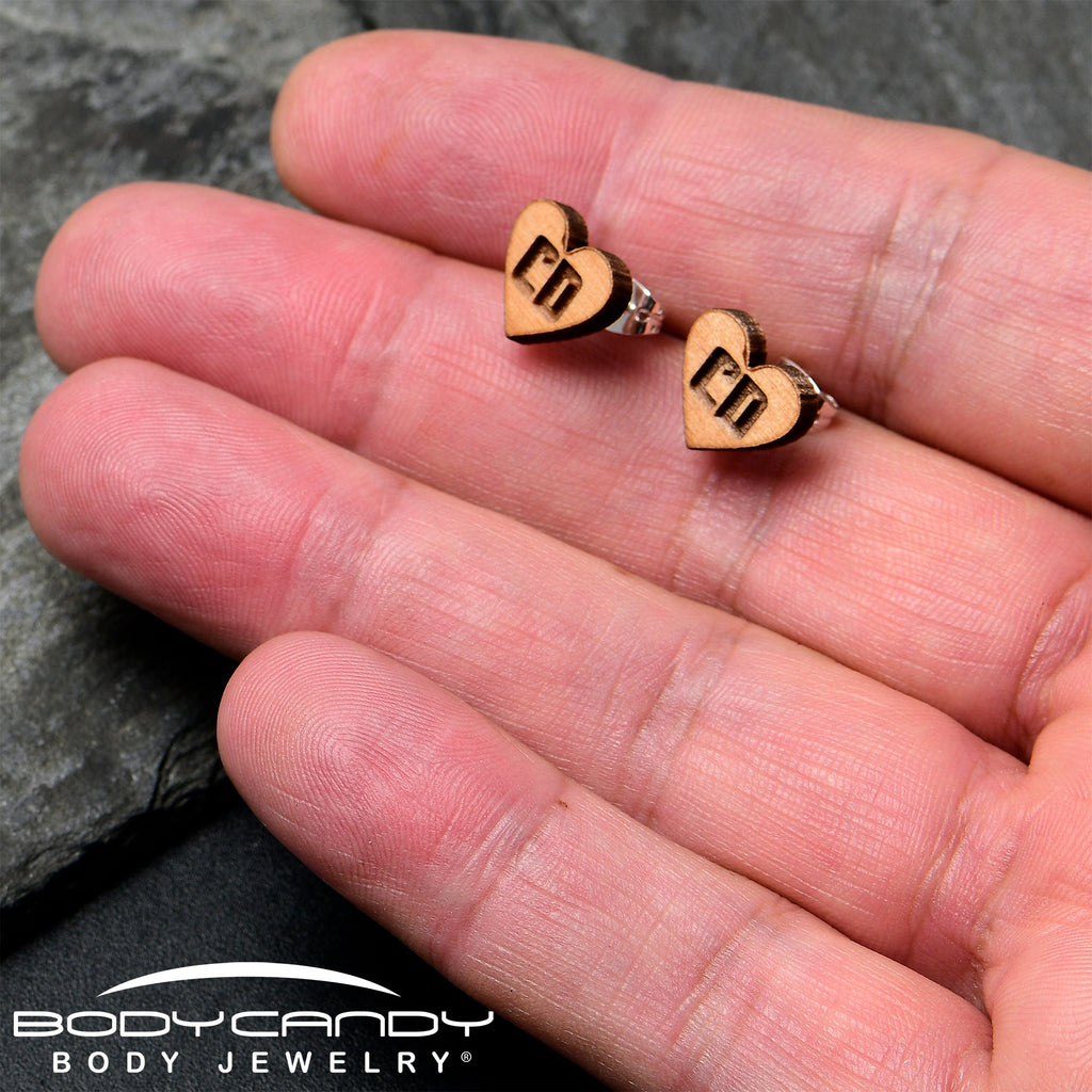 BodyCandy Custom No 2 Earrings Wood Initial Heart Personalized Stud Earrings — side view