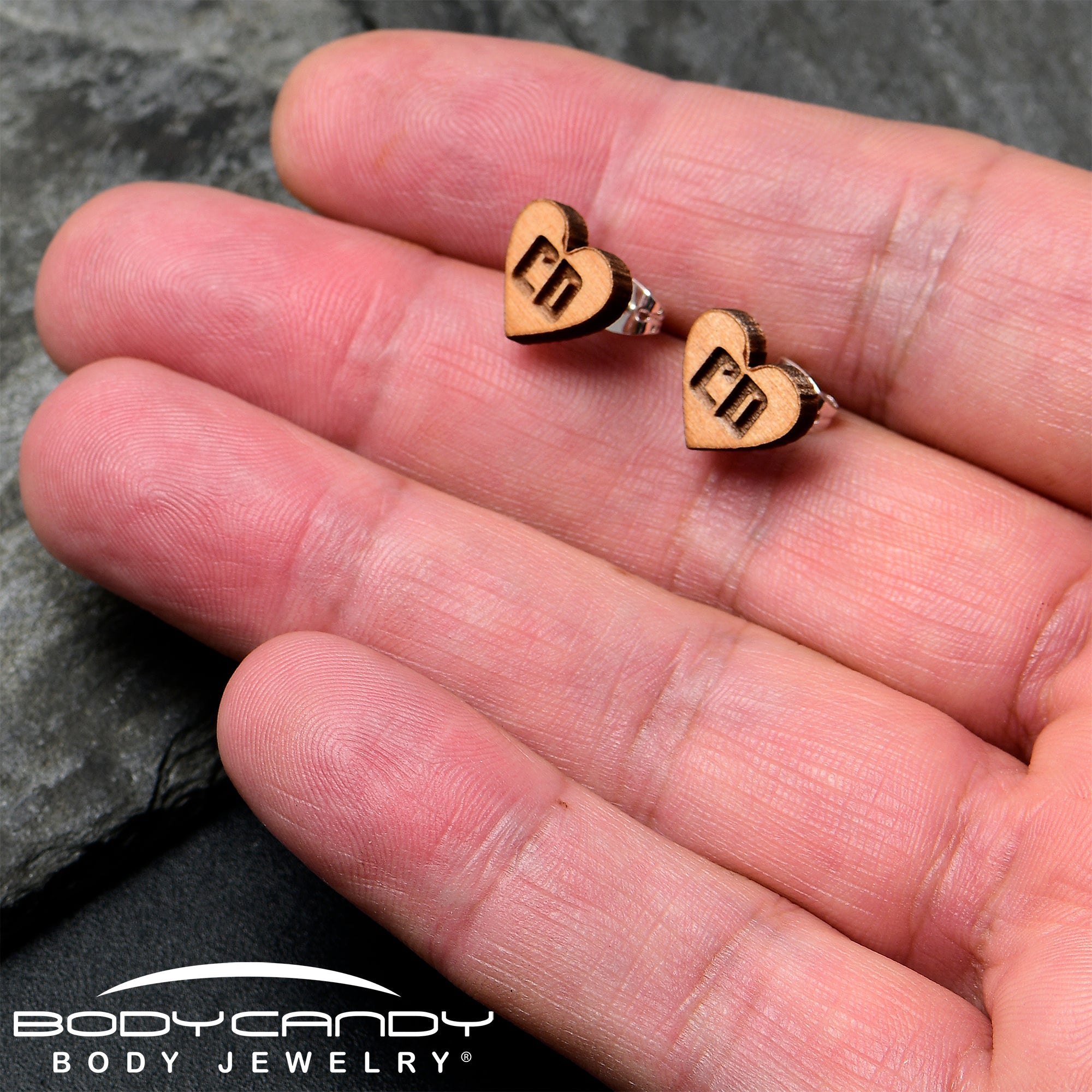 BodyCandy Custom No 2 Earrings Wood Initial Heart Personalized Stud Earrings — side view