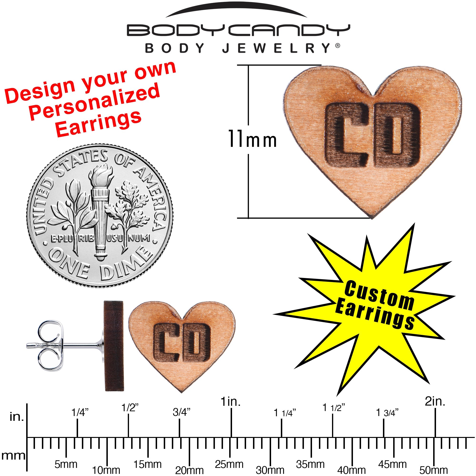 BodyCandy Custom No 2 Earrings Wood Initial Heart Personalized Stud Earrings — back view