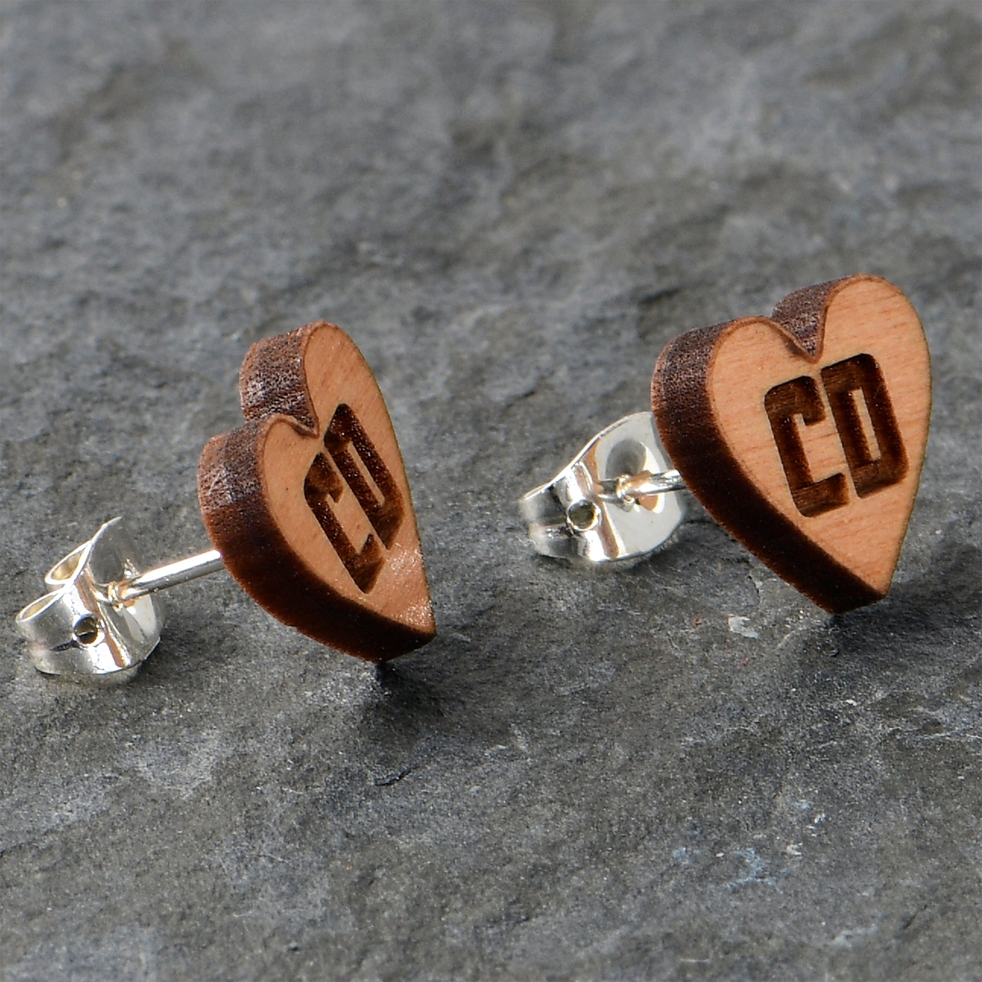 BodyCandy Custom No 2 Earrings Wood Initial Heart Personalized Stud Earrings — alternative angle
