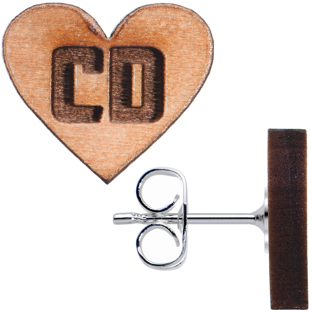 BodyCandy Custom No 2 Earrings Wood Initial Heart Personalized Stud Earrings — size reference