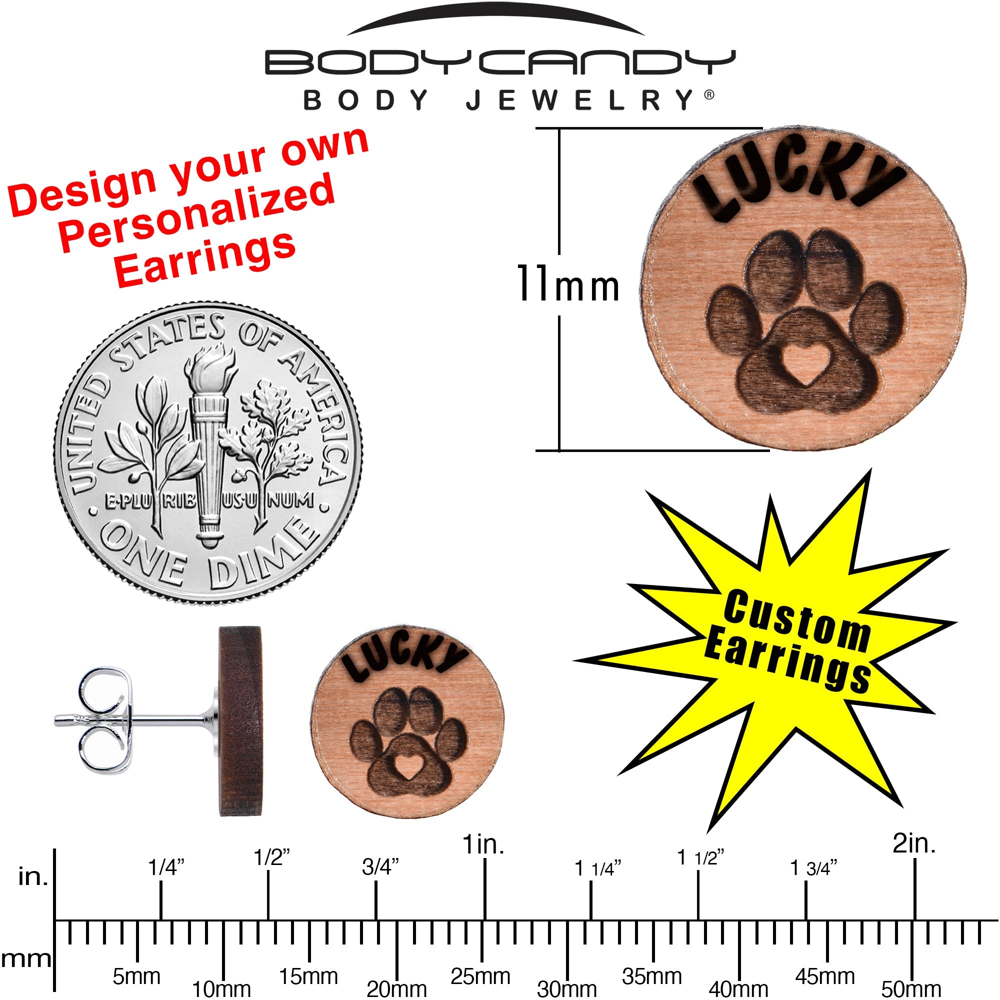 BodyCandy Custom Animal Jewelry Earrings Paw Print Personalized Stud Earrings — back view