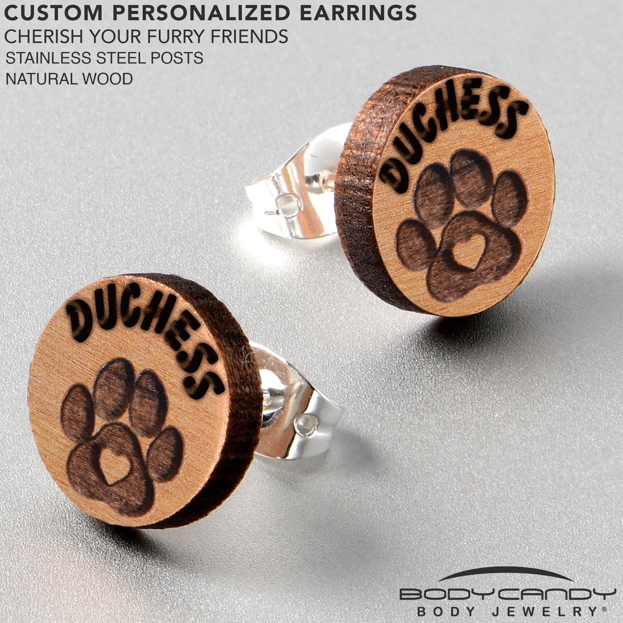 BodyCandy Custom Animal Jewelry Earrings Paw Print Personalized Stud Earrings — size reference