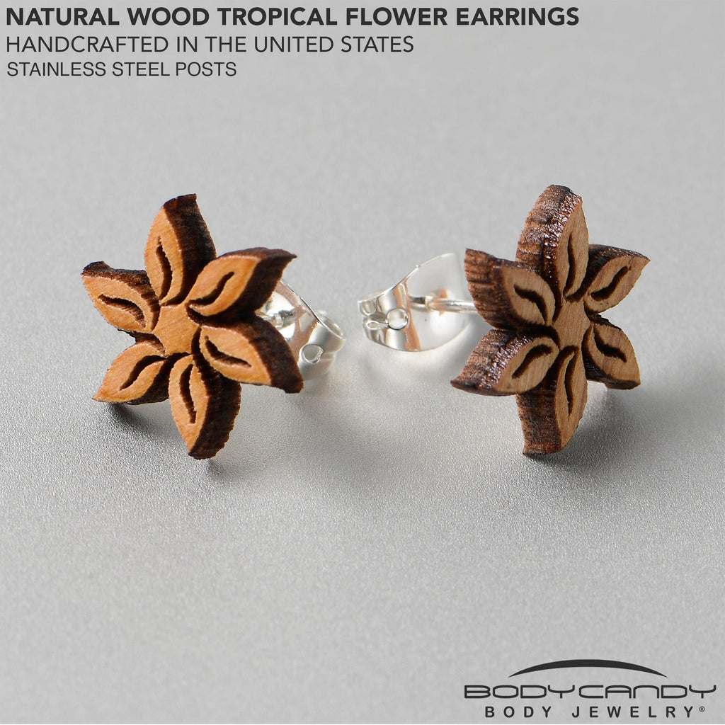 BodyCandy Natural Maple Wood Blooming Flowers Stud Earrings — lifestyle context