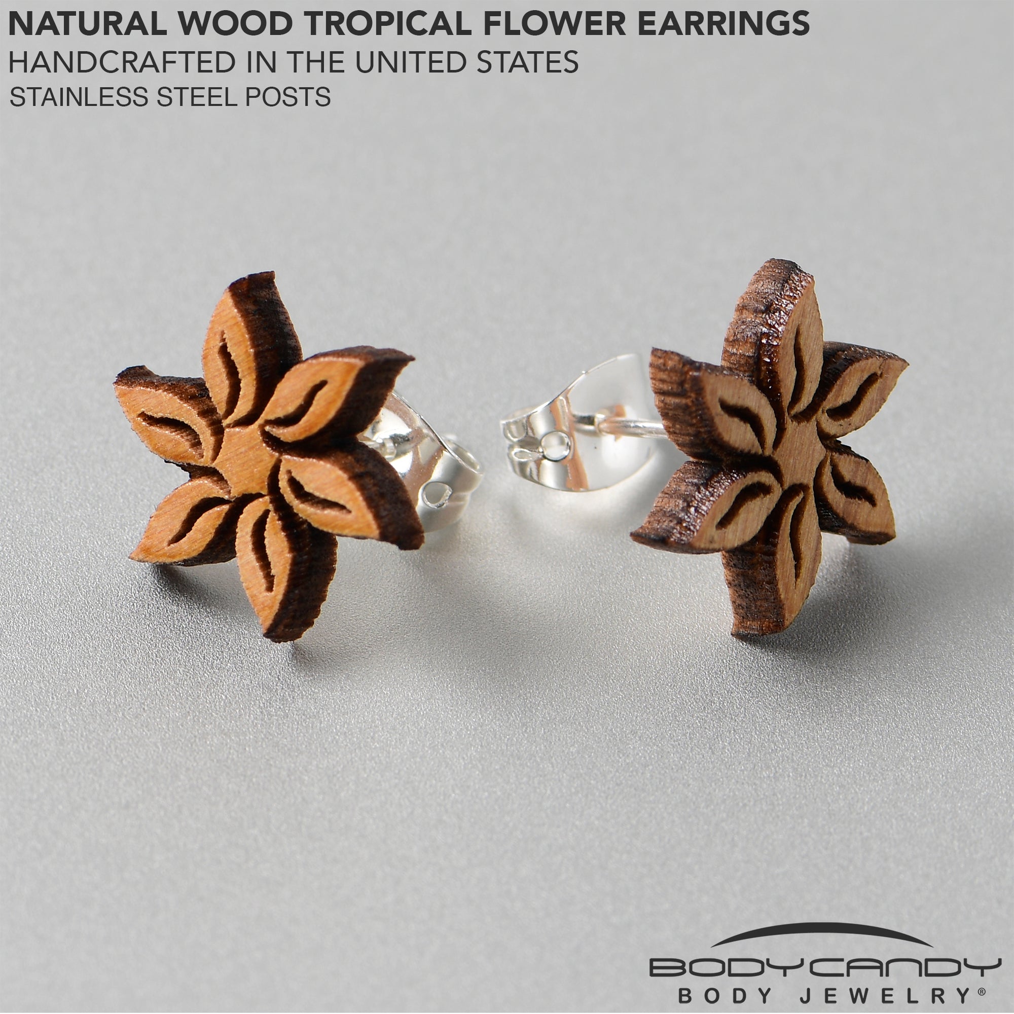 BodyCandy Natural Maple Wood Blooming Flowers Stud Earrings — lifestyle context
