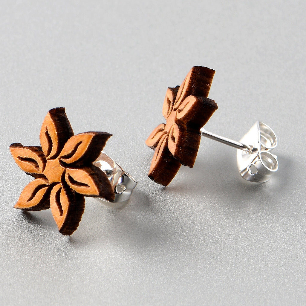 BodyCandy Natural Maple Wood Blooming Flowers Stud Earrings — in-use photo