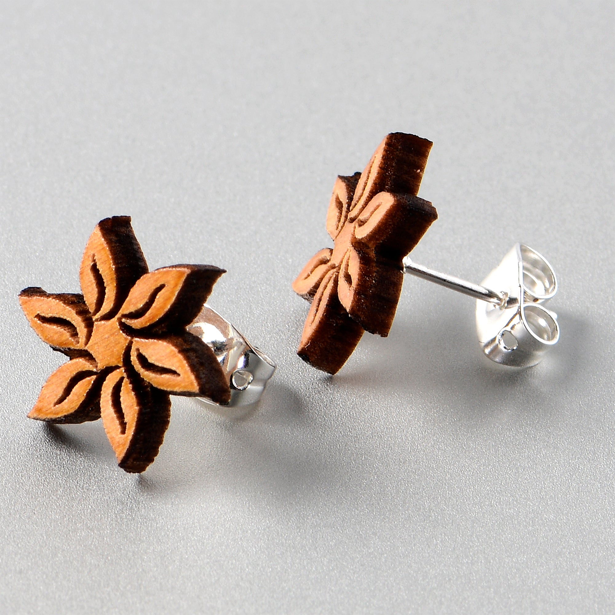 BodyCandy Natural Maple Wood Blooming Flowers Stud Earrings — in-use photo