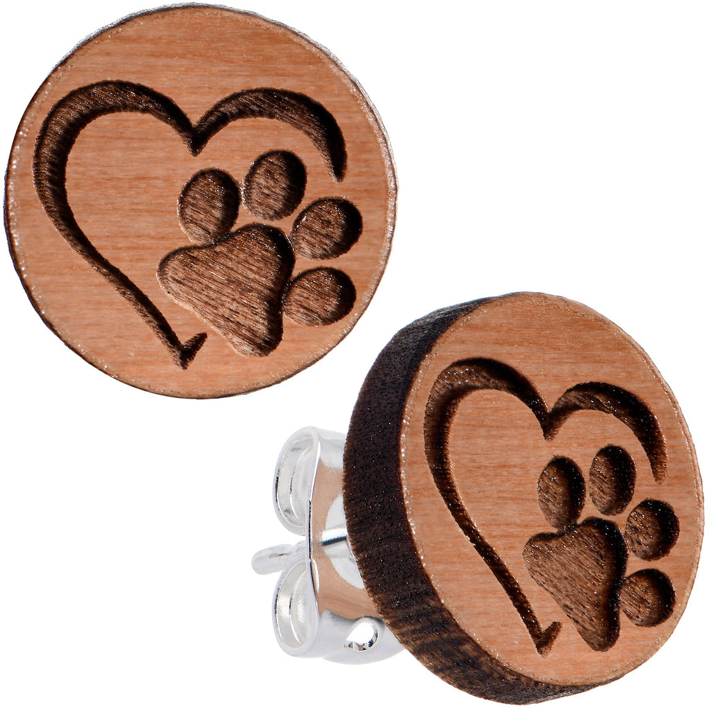 BodyCandy Natural Maple Wood Heart Paw Print Stud Earrings — main product shot
