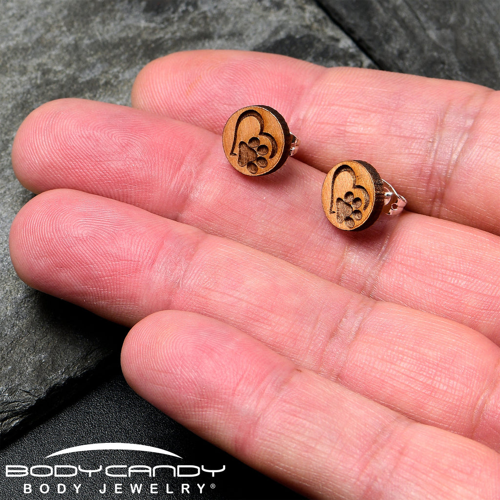 BodyCandy Natural Maple Wood Heart Paw Print Stud Earrings — side view