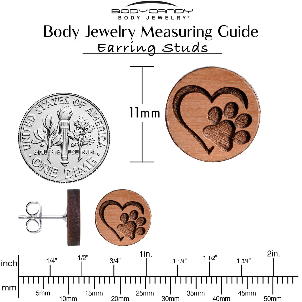 BodyCandy Natural Maple Wood Heart Paw Print Stud Earrings — back view