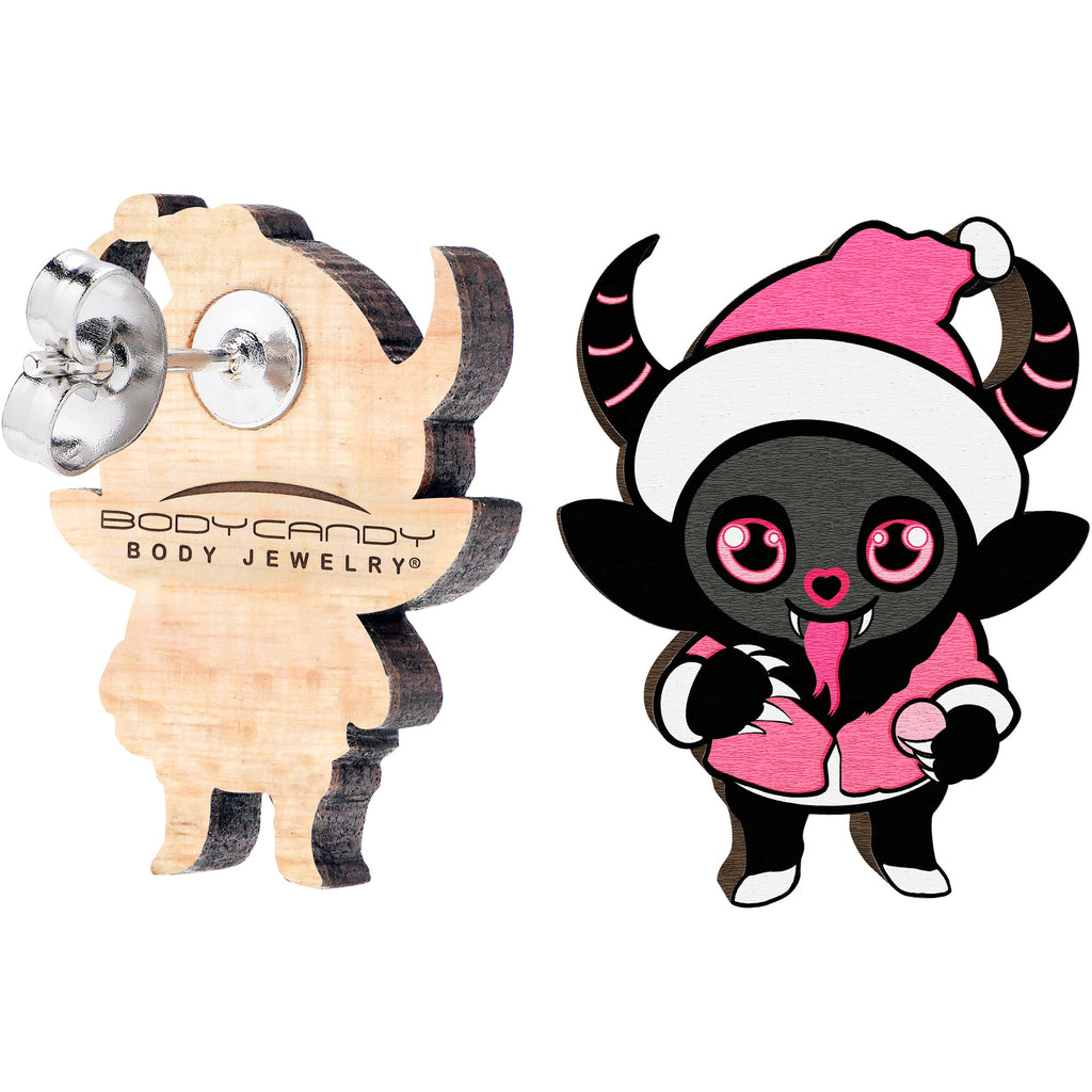 BodyCandy Handmade Wooden Krampus Cutie Holiday Christmas Stud Earrings by Onyx O — side view