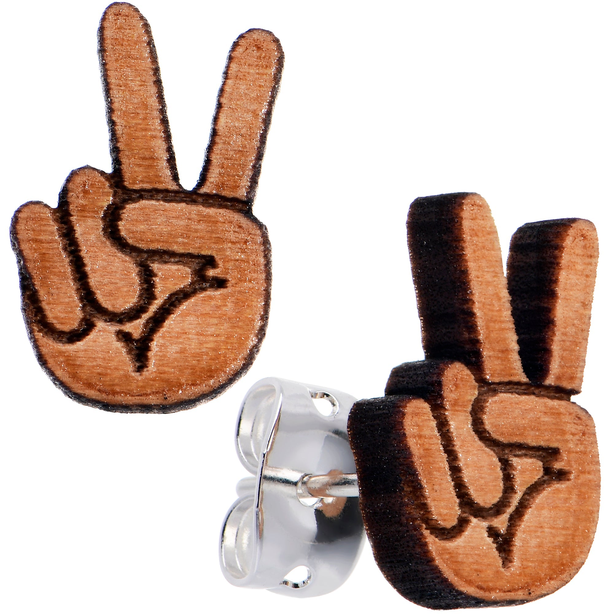 BodyCandy Natural Maple Wood Peace Sign Fingers Stud Earrings — main product shot