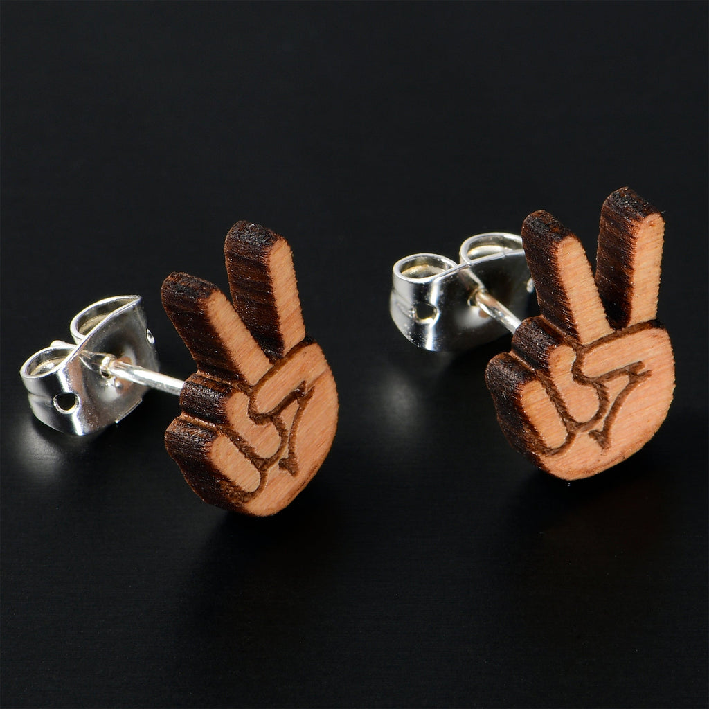 BodyCandy Natural Maple Wood Peace Sign Fingers Stud Earrings — detail close-up