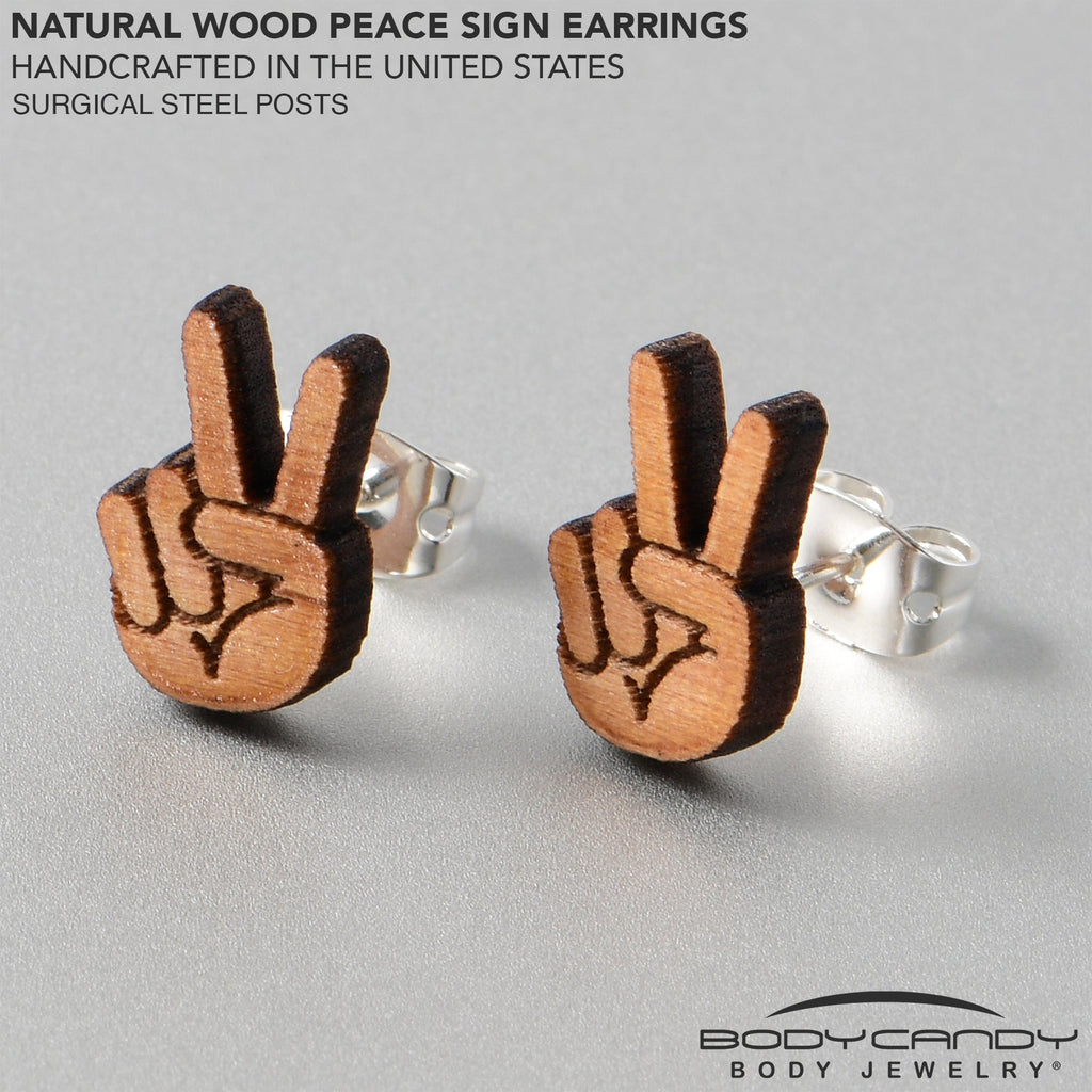 BodyCandy Natural Maple Wood Peace Sign Fingers Stud Earrings — lifestyle context