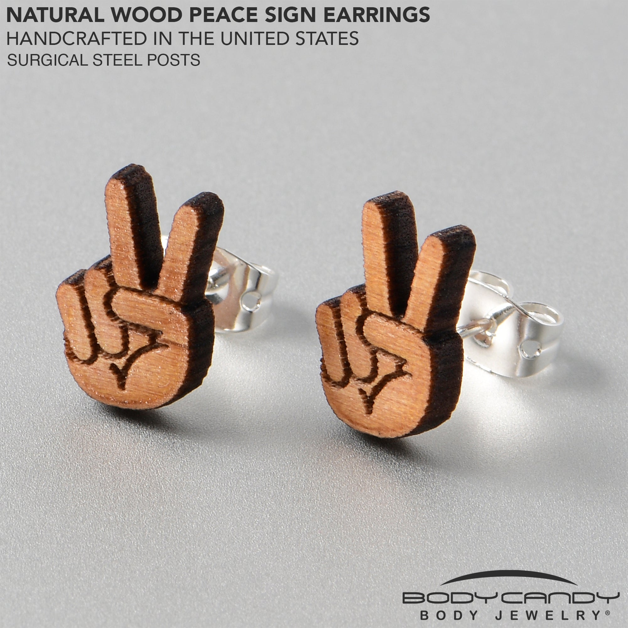 BodyCandy Natural Maple Wood Peace Sign Fingers Stud Earrings — lifestyle context