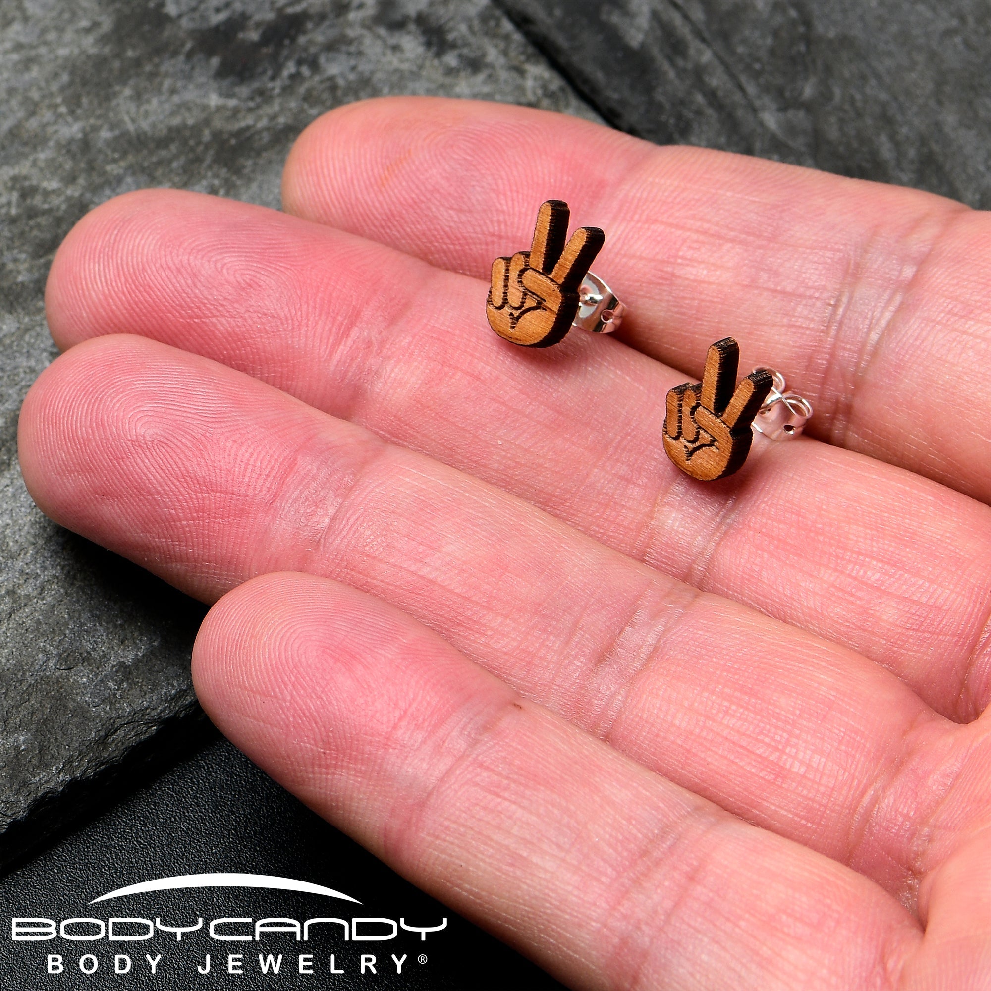 BodyCandy Natural Maple Wood Peace Sign Fingers Stud Earrings — side view