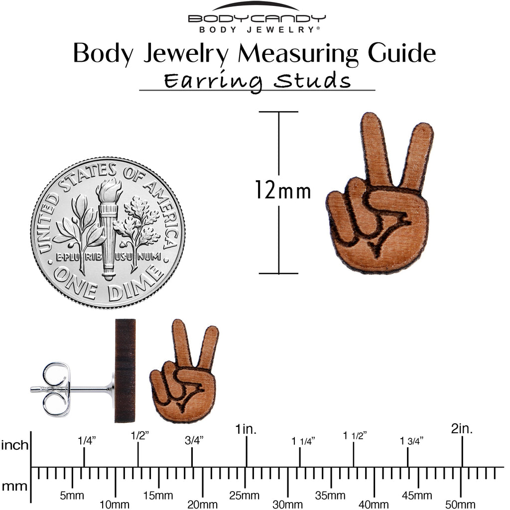 BodyCandy Natural Maple Wood Peace Sign Fingers Stud Earrings — back view