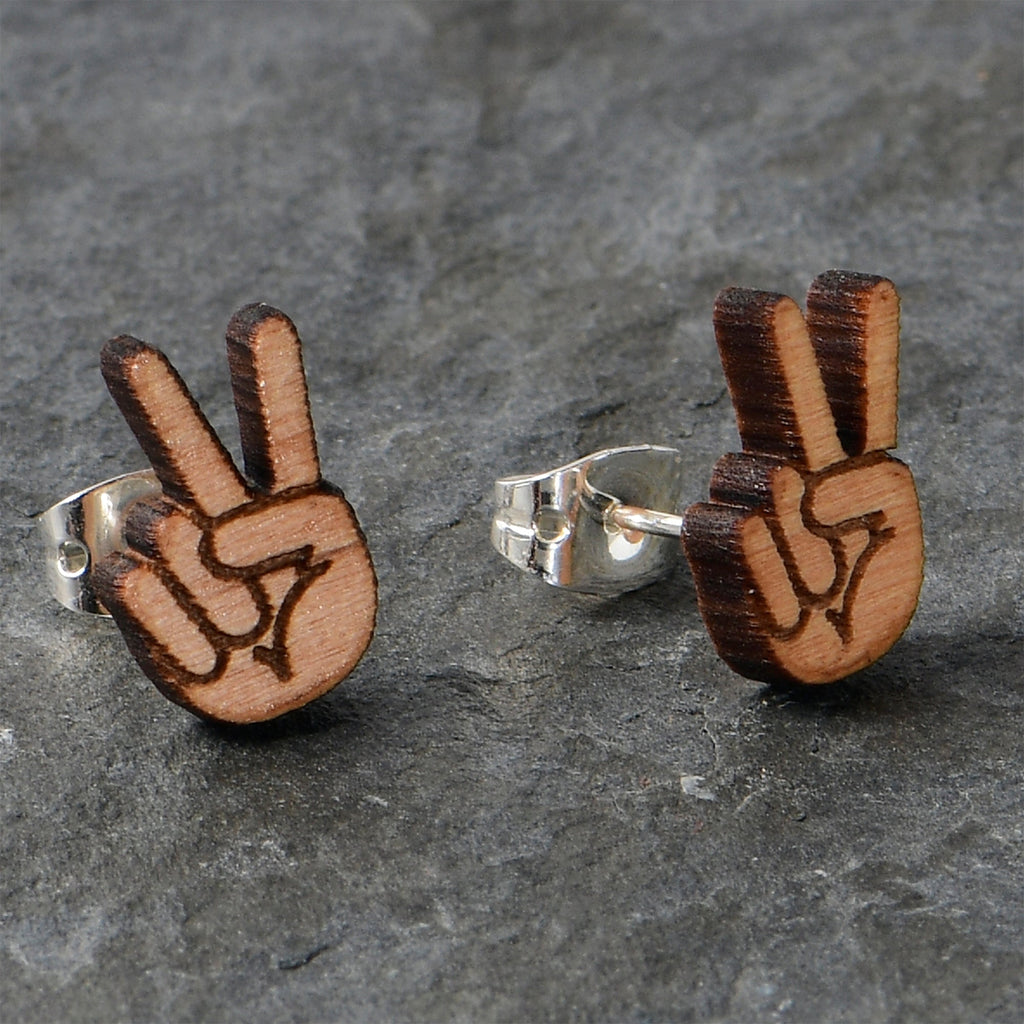 BodyCandy Natural Maple Wood Peace Sign Fingers Stud Earrings — alternative angle