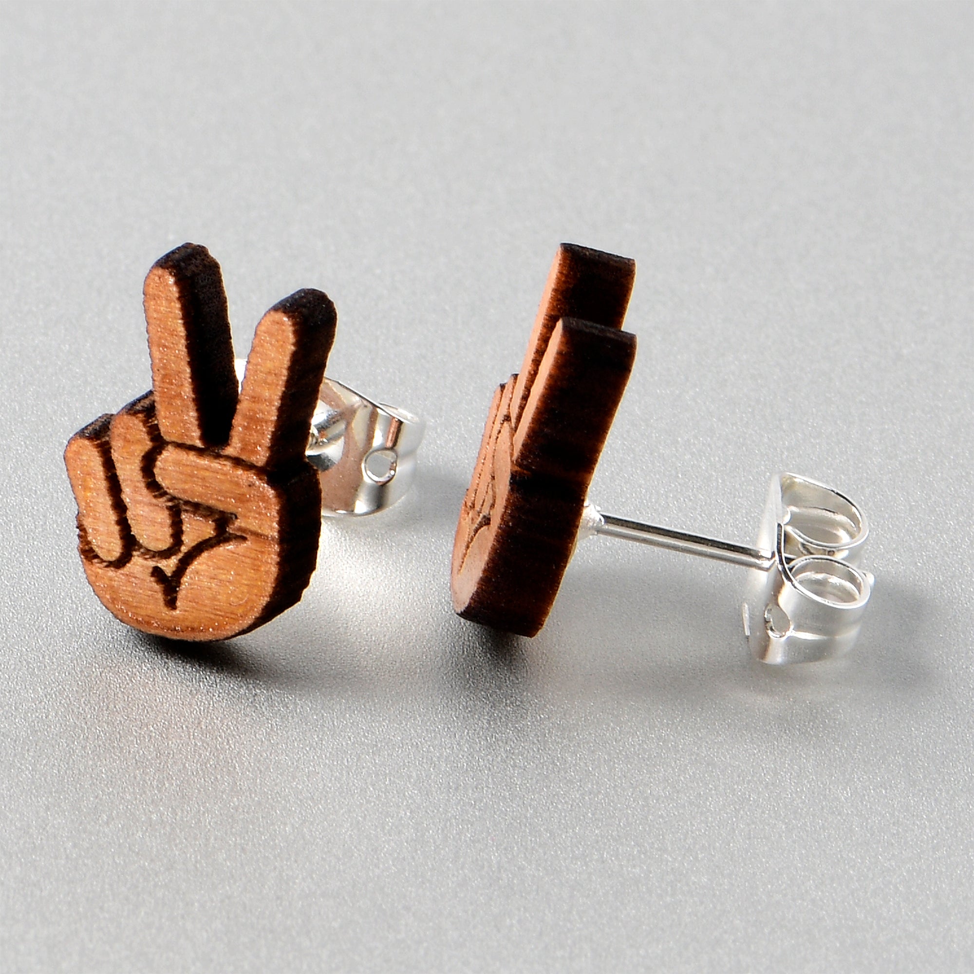 BodyCandy Natural Maple Wood Peace Sign Fingers Stud Earrings — size reference