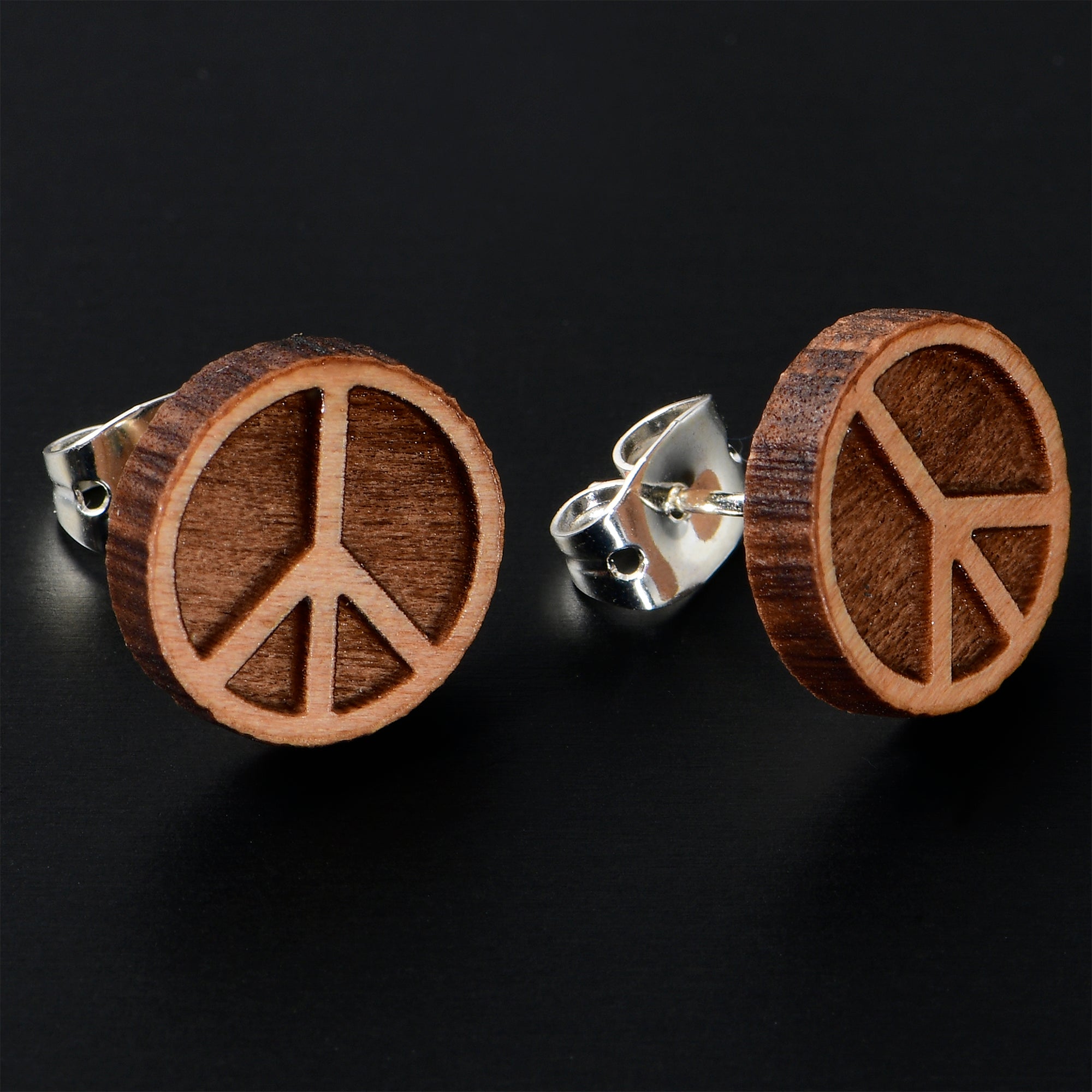 BodyCandy Natural Maple Wood Peace Sign Symbol Stud Earrings — detail close-up