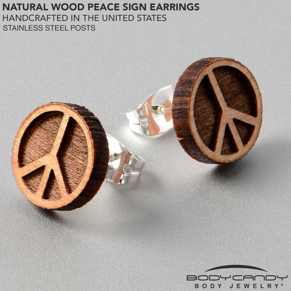 BodyCandy Natural Maple Wood Peace Sign Symbol Stud Earrings — lifestyle context