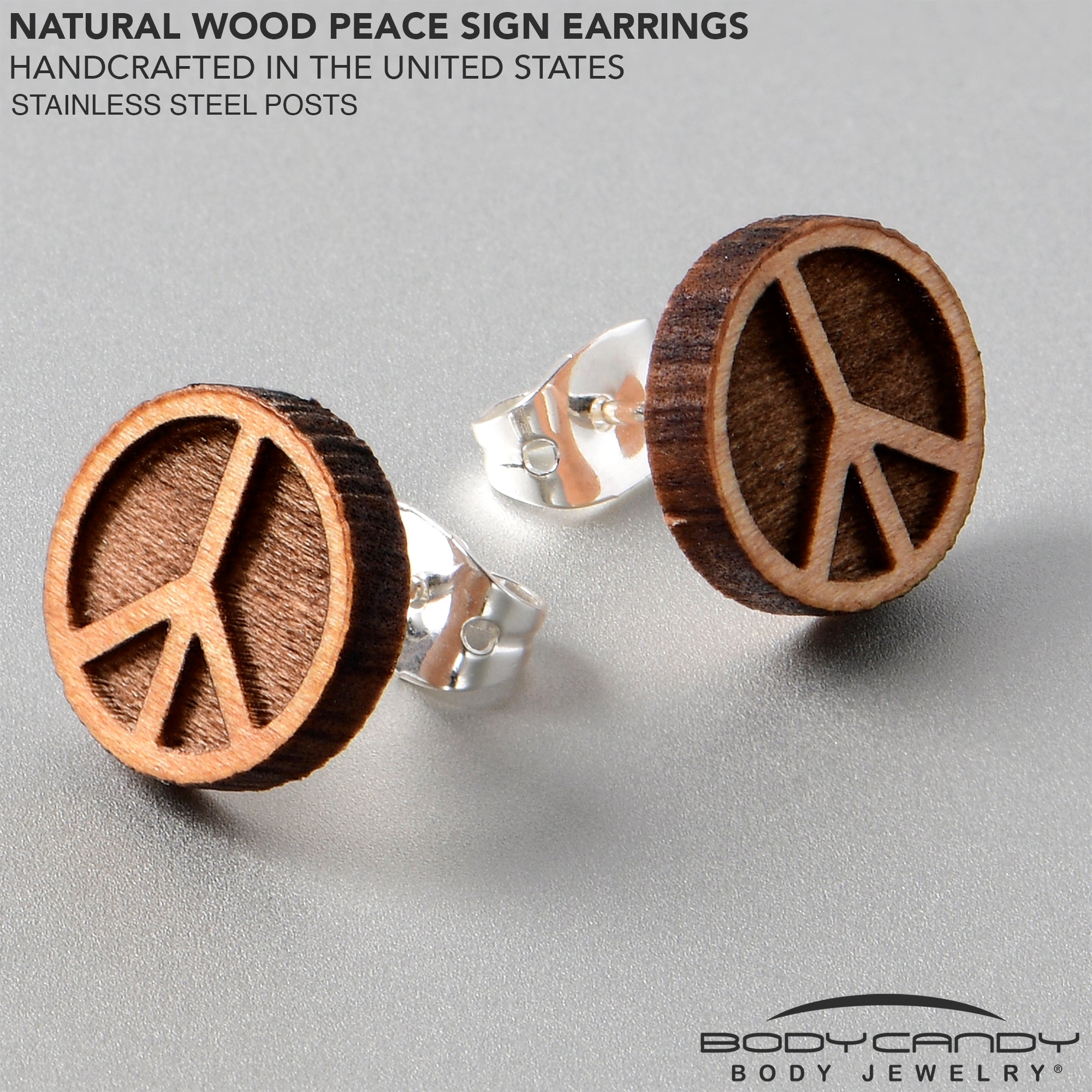 BodyCandy Natural Maple Wood Peace Sign Symbol Stud Earrings — lifestyle context