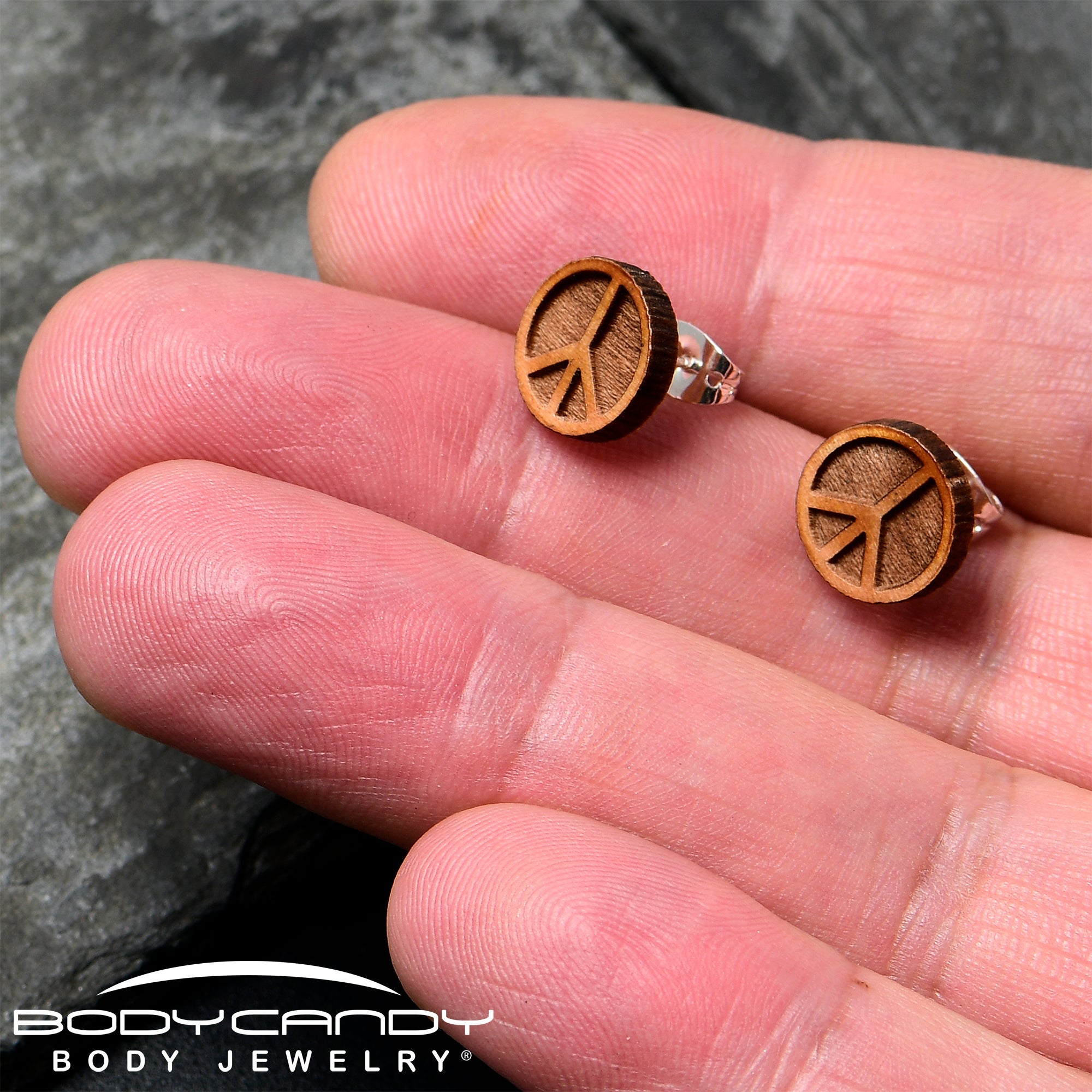 BodyCandy Natural Maple Wood Peace Sign Symbol Stud Earrings — side view