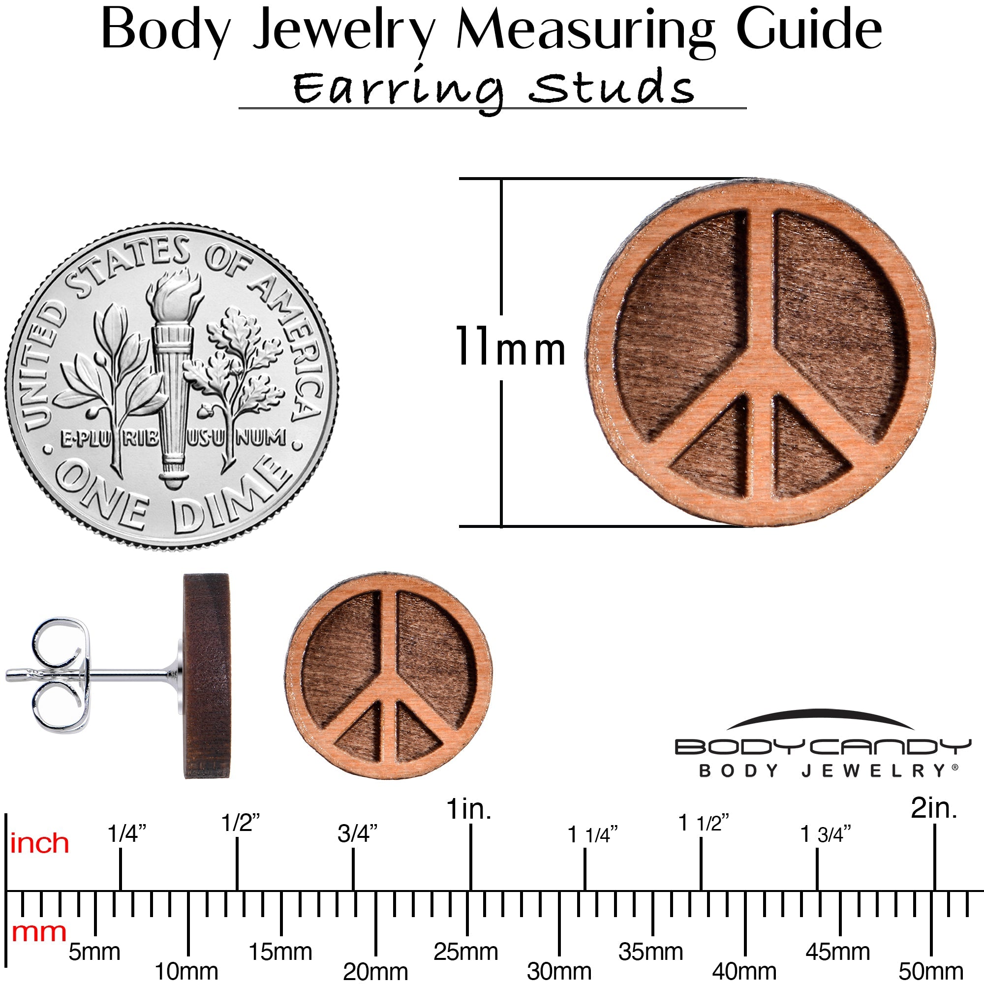 BodyCandy Natural Maple Wood Peace Sign Symbol Stud Earrings — back view