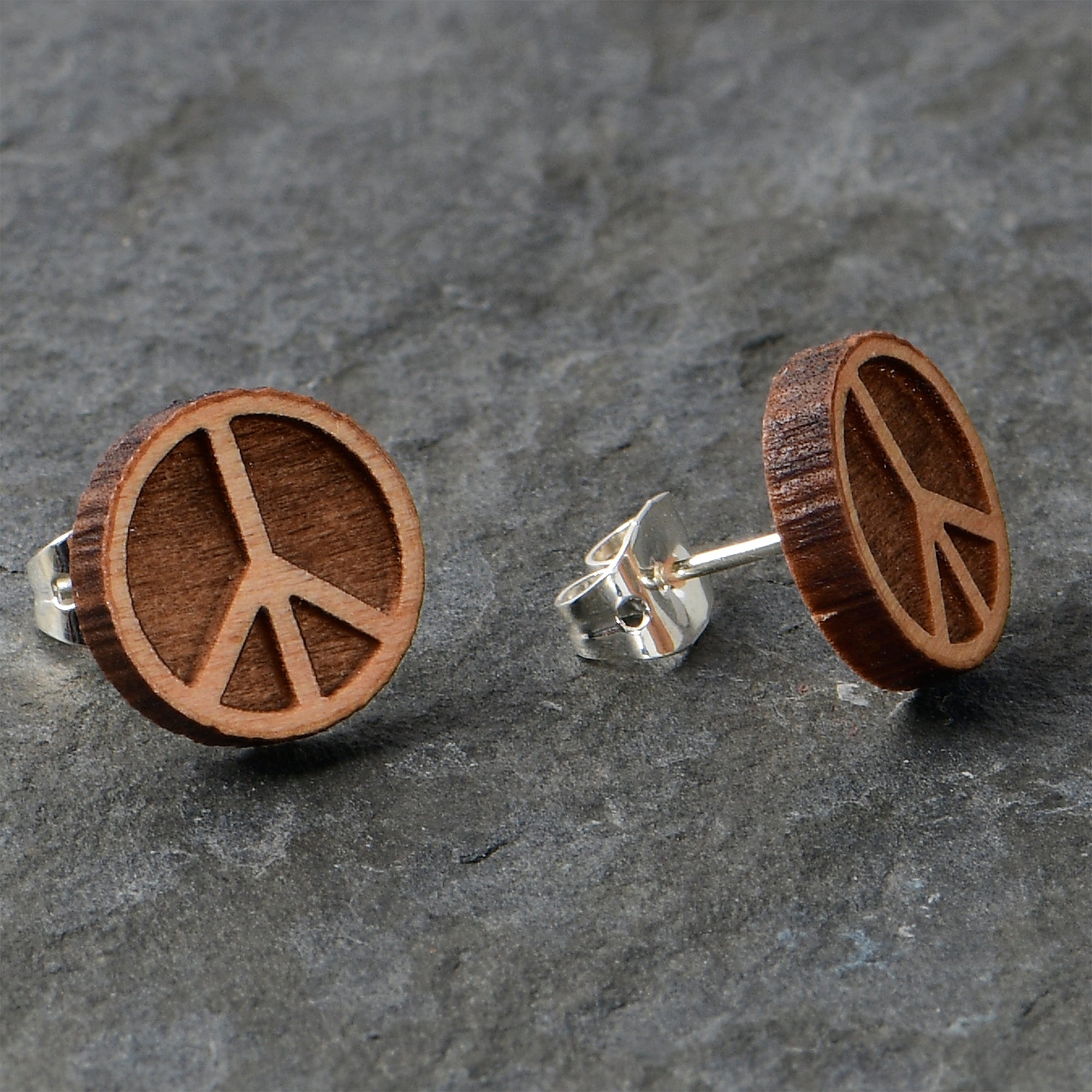 BodyCandy Natural Maple Wood Peace Sign Symbol Stud Earrings — alternative angle