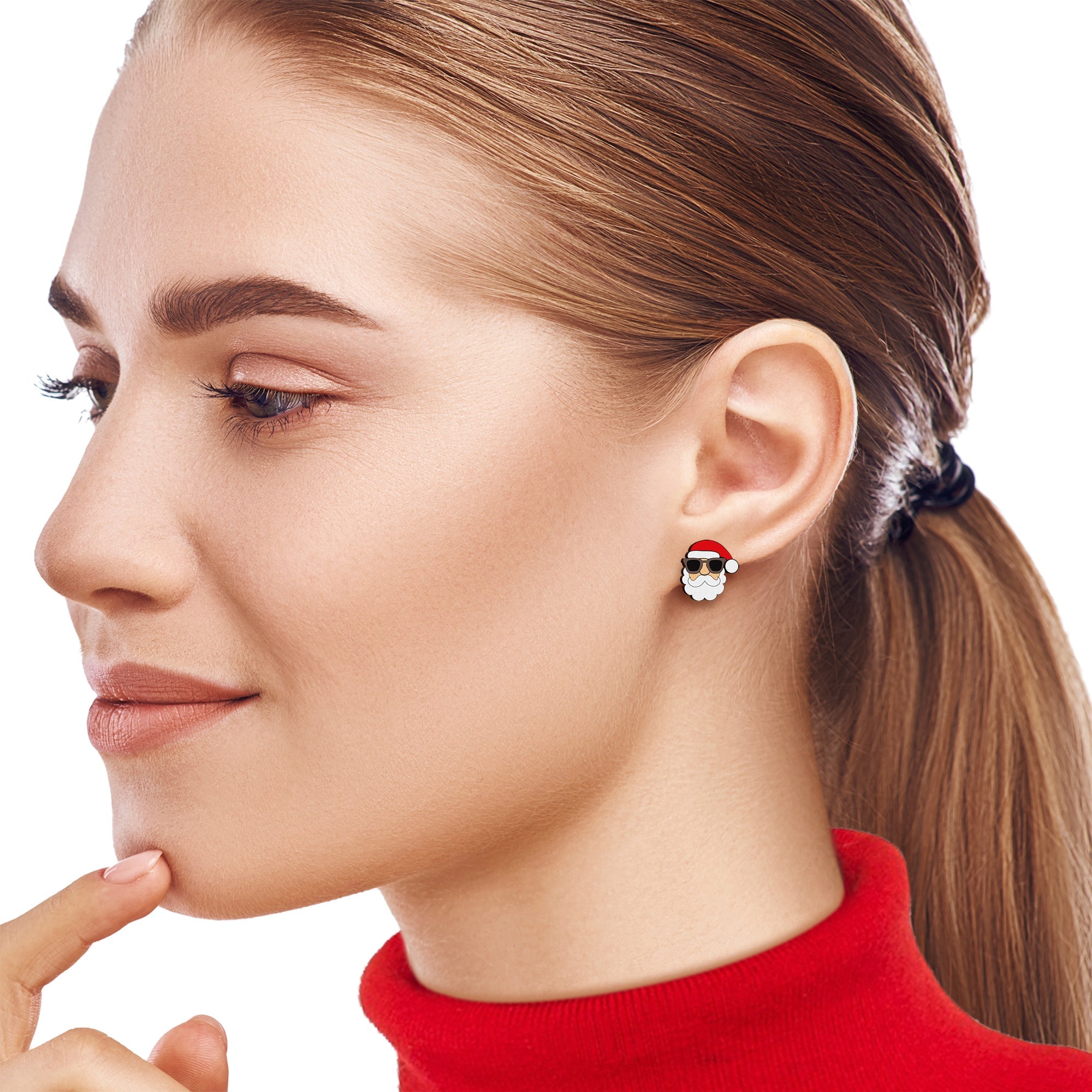BodyCandy Handmade Wooden Santa Claus Holiday Christmas Stud Earrings by Onyx O — detail close-up