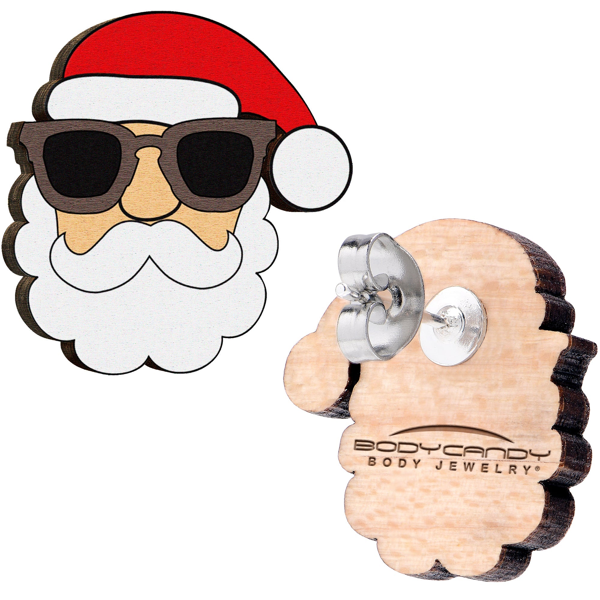 BodyCandy Handmade Wooden Santa Claus Holiday Christmas Stud Earrings by Onyx O — side view