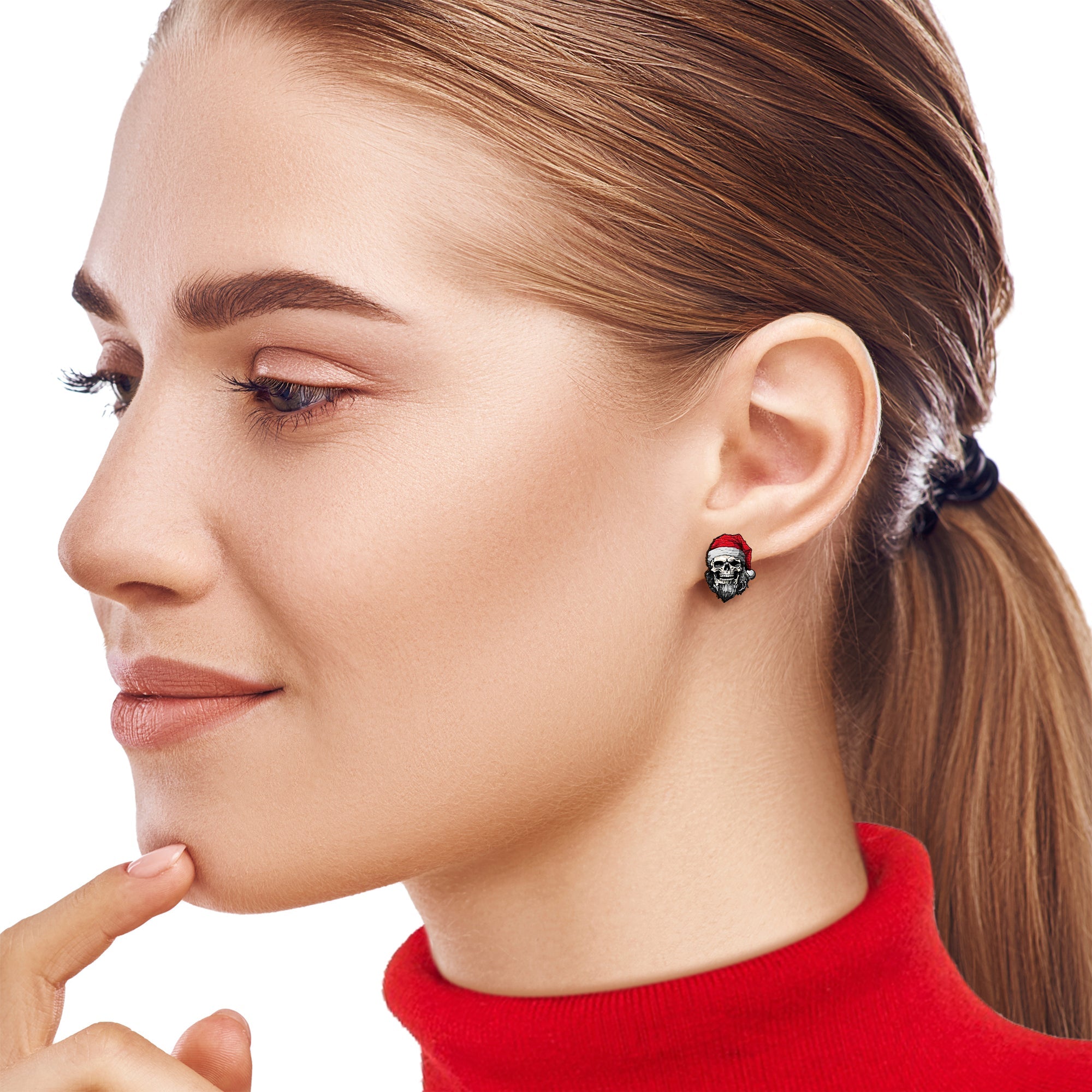 BodyCandy Handmade Wooden Skeleton Claus Holiday Christmas Stud Earrings by Onyx O — detail close-up