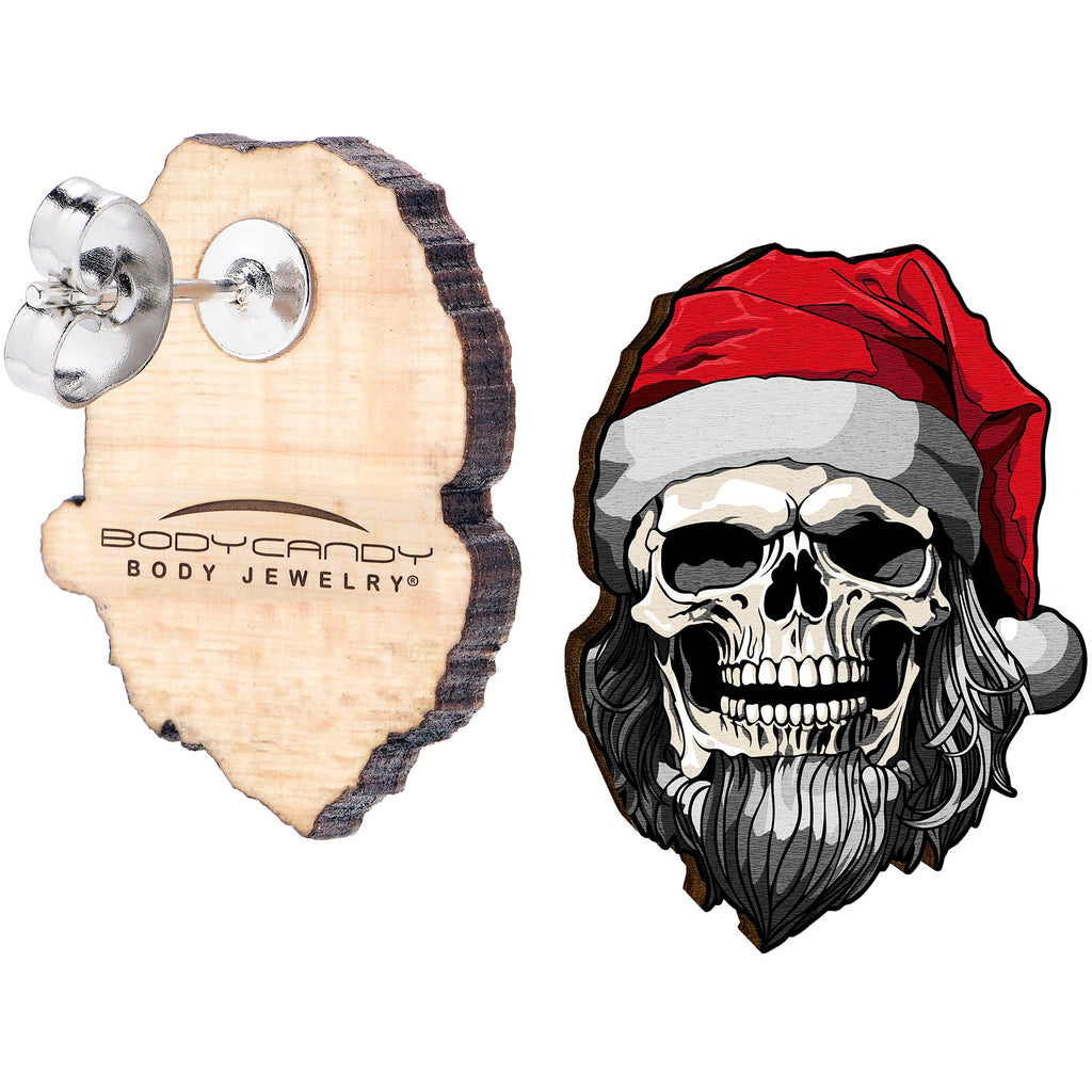 BodyCandy Handmade Wooden Skeleton Claus Holiday Christmas Stud Earrings by Onyx O — side view