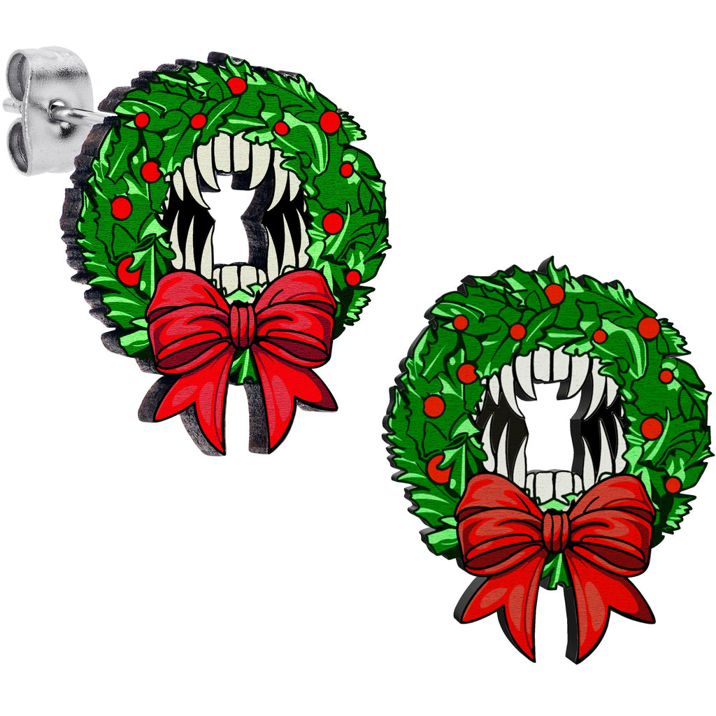 BodyCandy Handmade Wooden Vampire Wreath Holiday Christmas Stud Earrings by Onyx O — main product shot