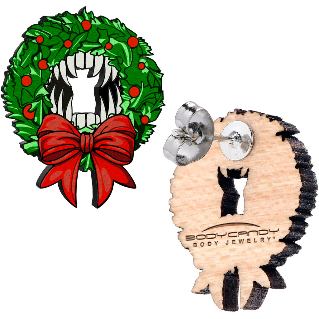 BodyCandy Handmade Wooden Vampire Wreath Holiday Christmas Stud Earrings by Onyx O — lifestyle context