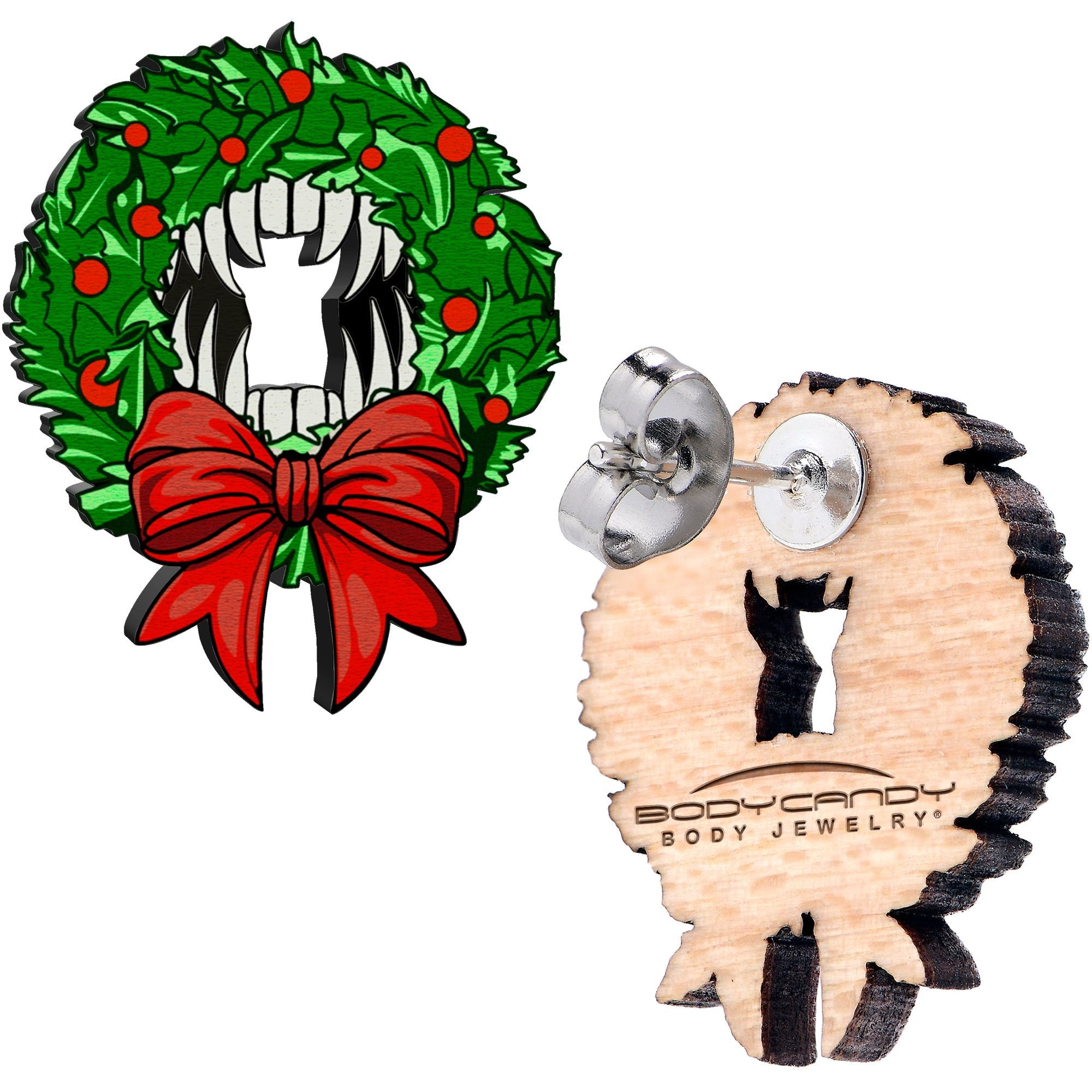 BodyCandy Handmade Wooden Vampire Wreath Holiday Christmas Stud Earrings by Onyx O — lifestyle context