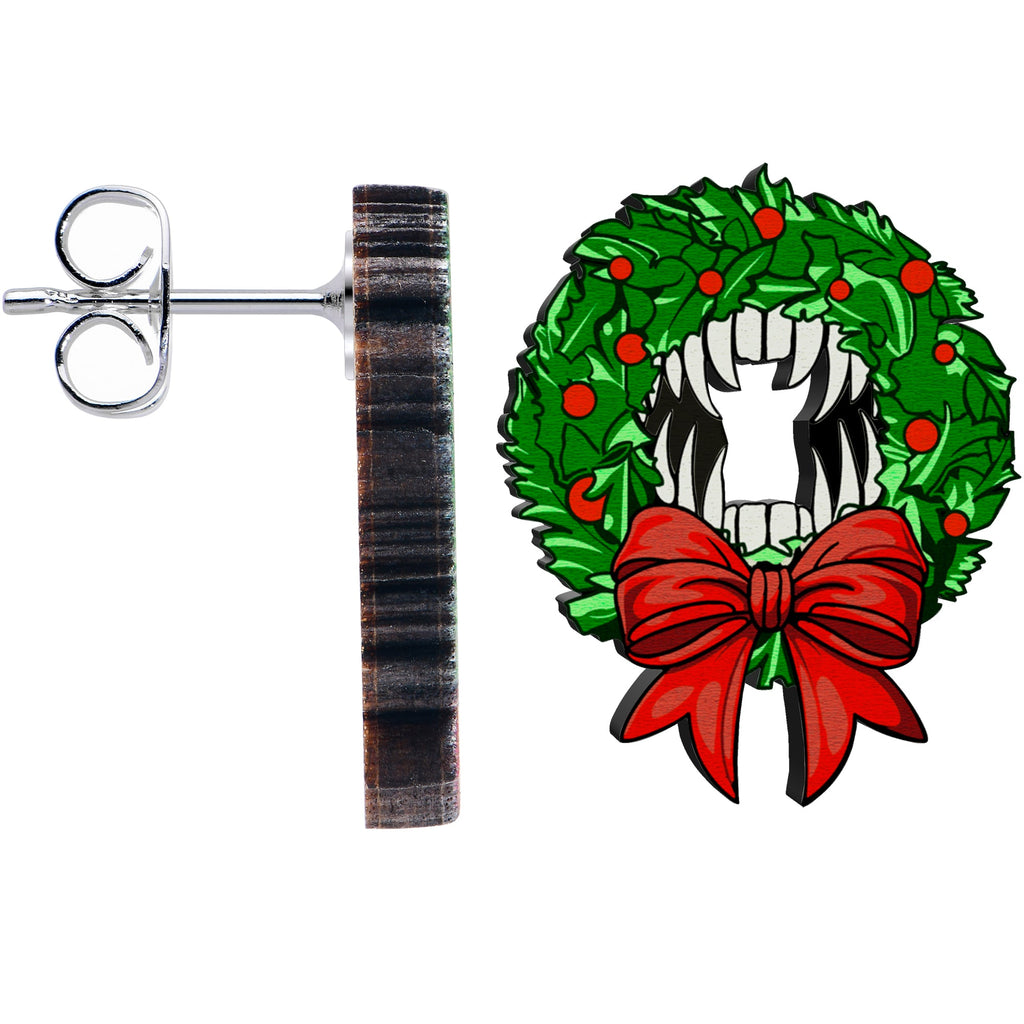 BodyCandy Handmade Wooden Vampire Wreath Holiday Christmas Stud Earrings by Onyx O — side view